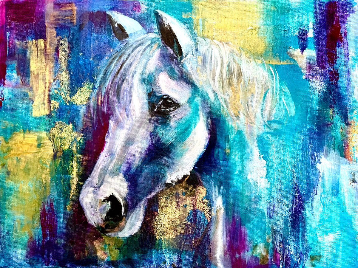 Celestial Messenger – Mixed Media White Horse Painting with Gold Leaf (30cm x 40cm)
