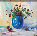Cherries in Blue Vase, A Vibrant Textured Still Life Study.