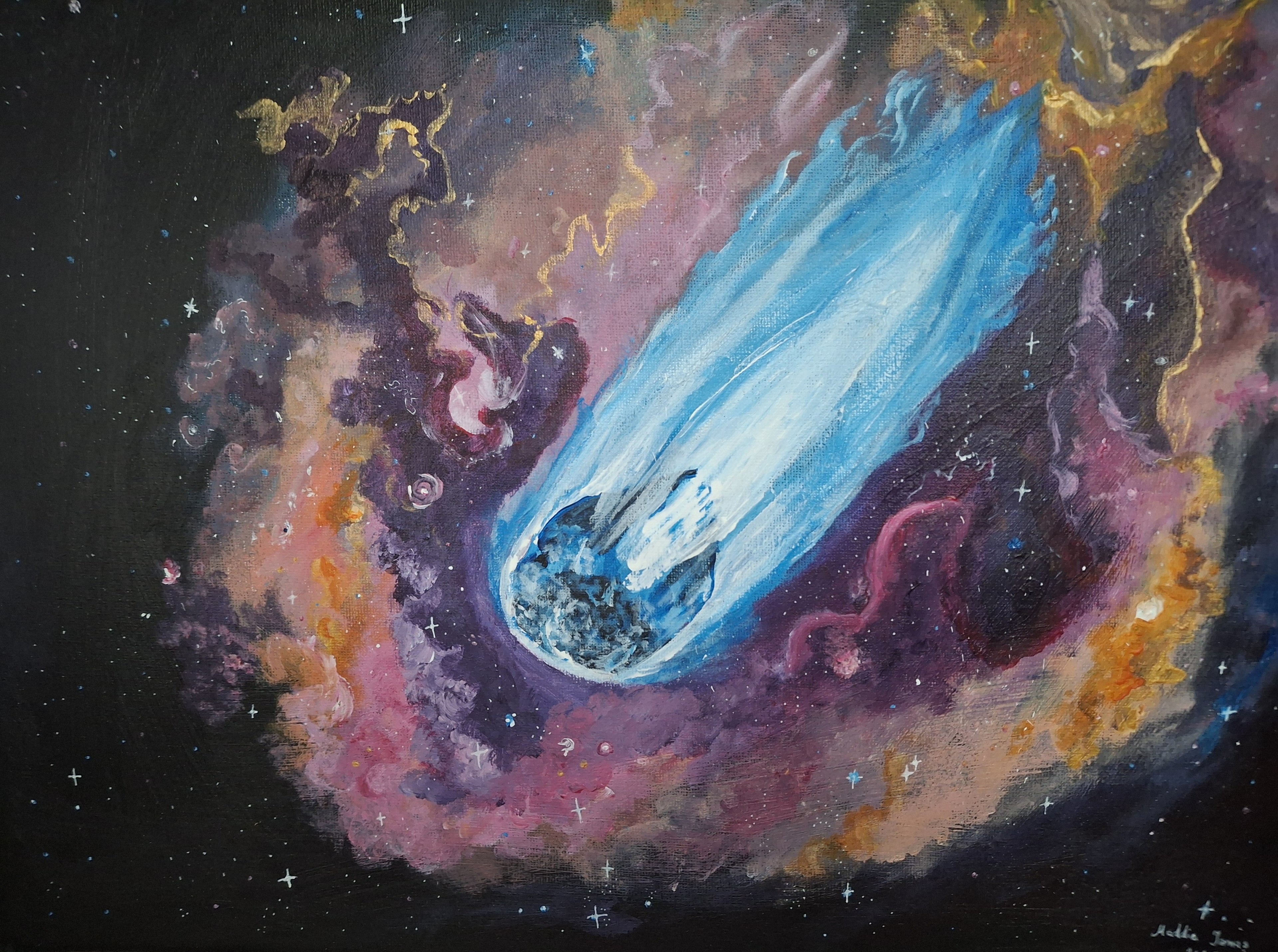 Cosmic Comet Original Acrylic Painting - Celestial Wall Art, Abstract Galaxy Space Decor, Orange Purple Nebula