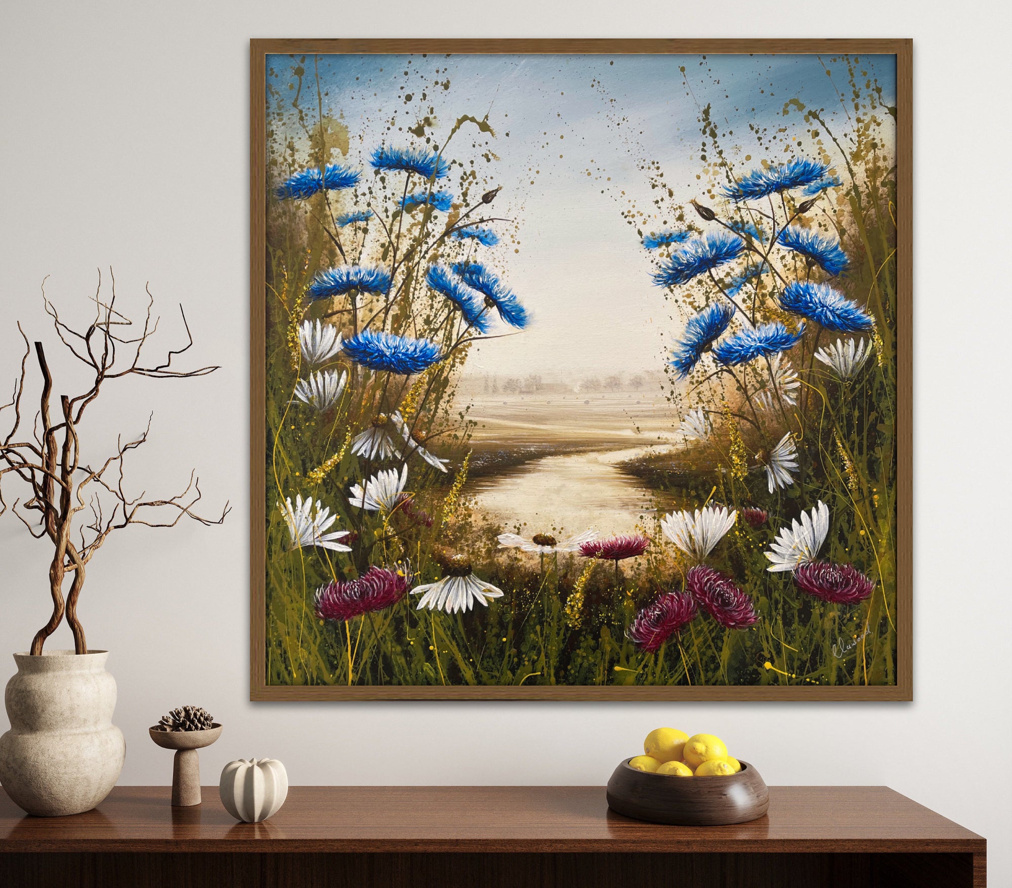 Country flowers landscape with daisies