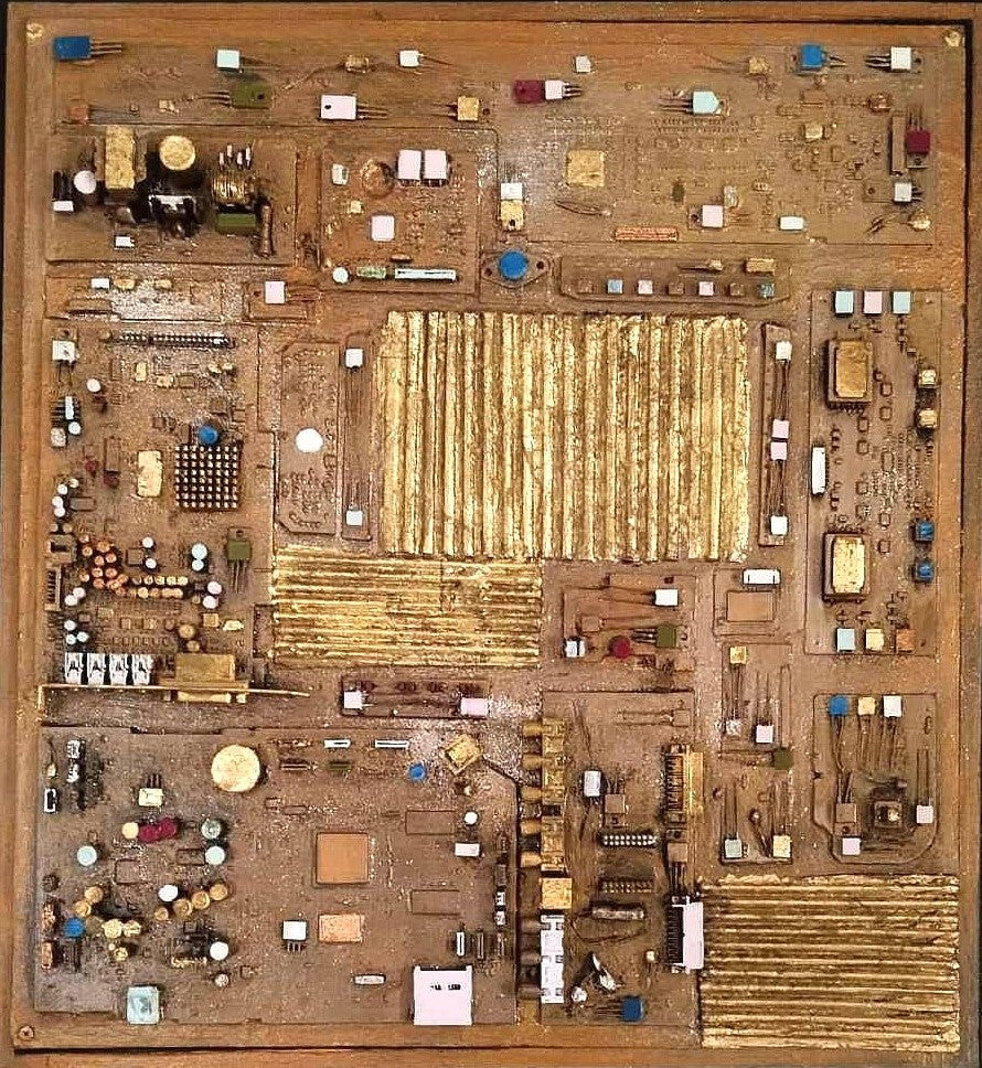 Copper and codes collage and acrylic