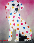 Damien's dotty, spotty, puppy dawg (pink on canvas) + FREE poem.