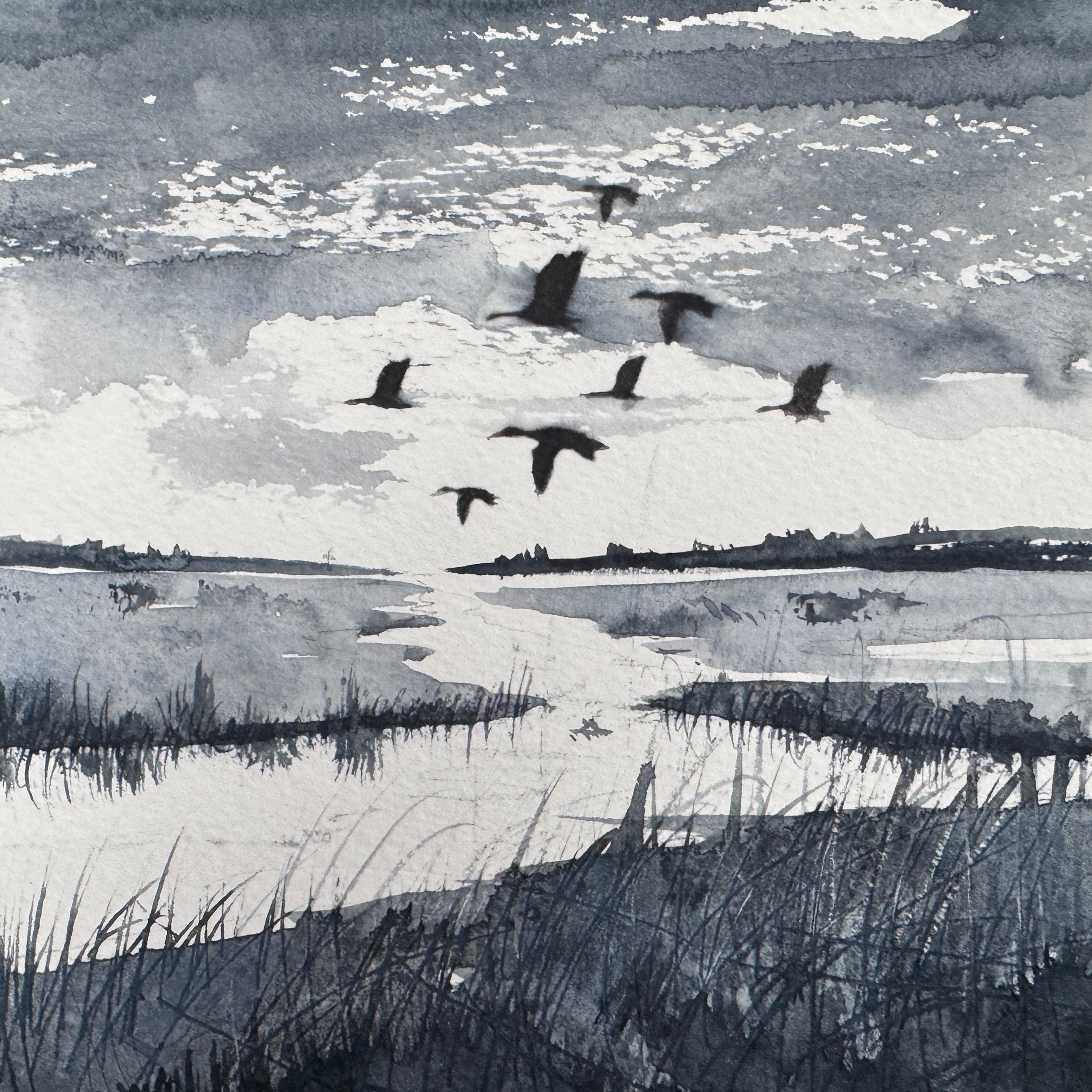 Monochrome Marshes with Ducks Framed