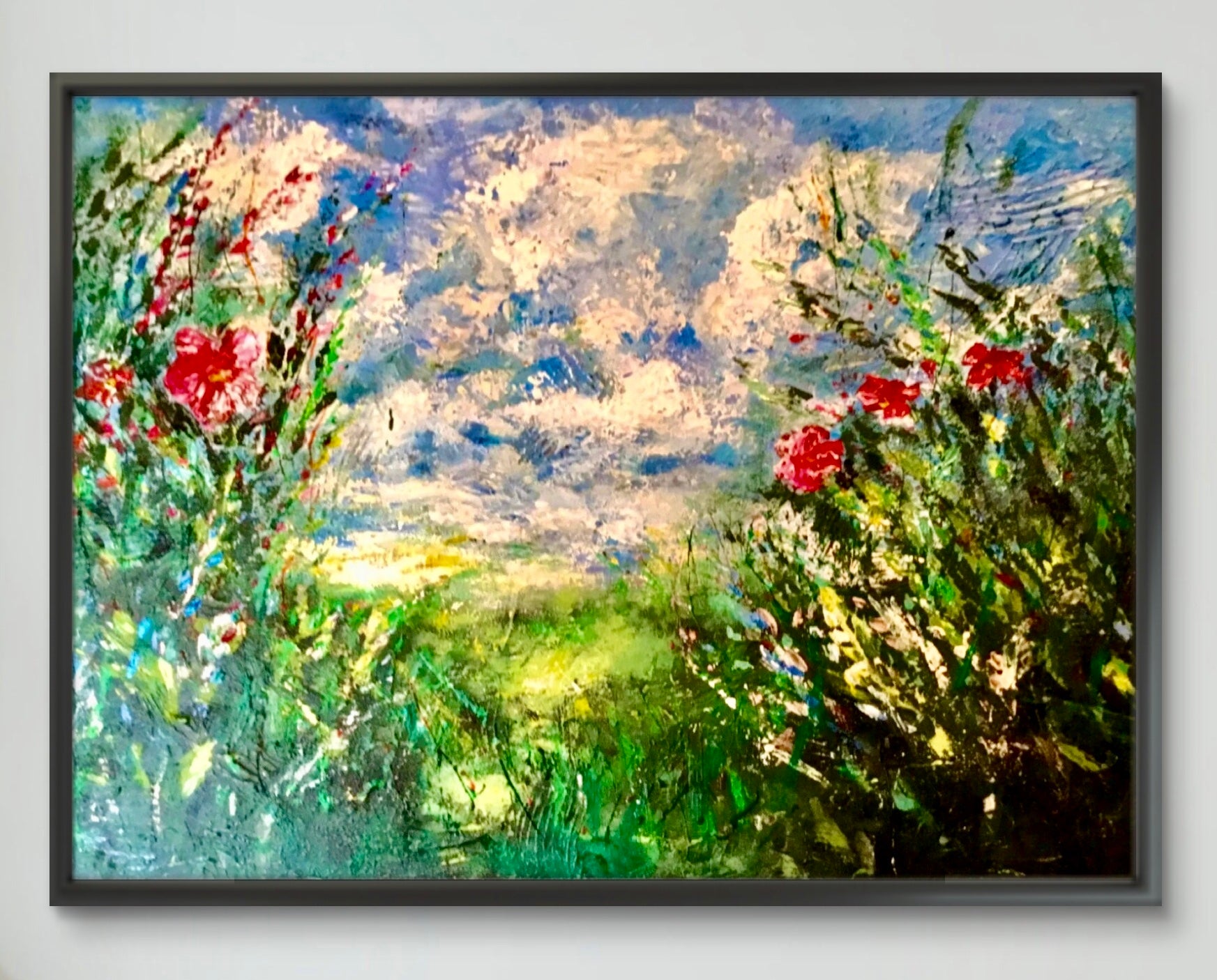 Red Flowers at Sunset – Textured Acrylic Painting on Canvas
