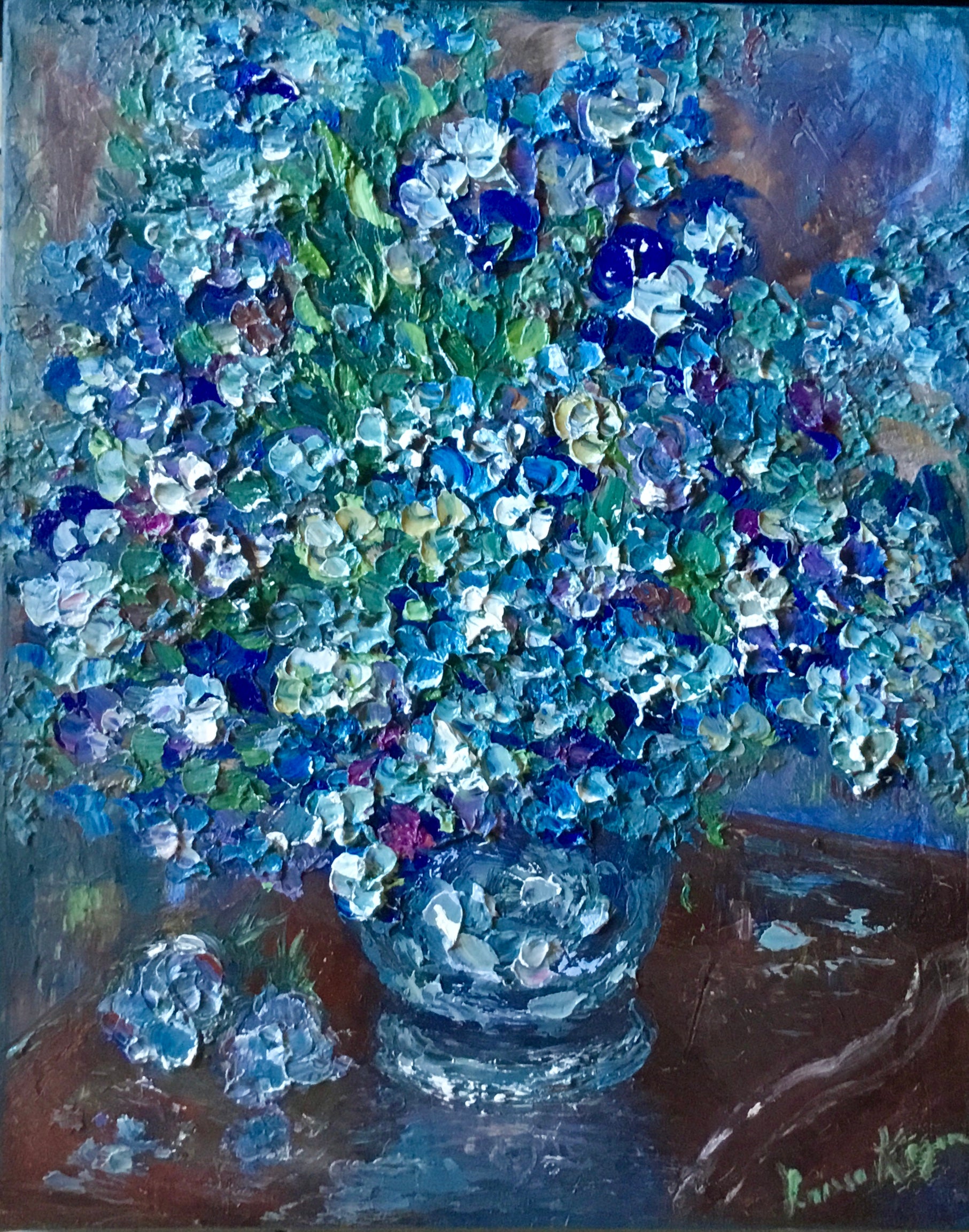 Blue flowers in a vase oil painting