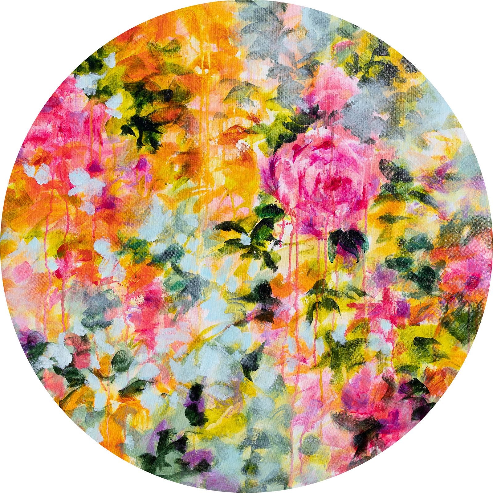 Psychedelic Blue, Pink, Orange and Yellow Flowers Tondo