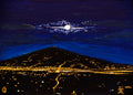 Miniature Painting of Volcano Turrialba and San Jose on Full Moon Night