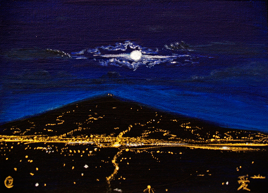 Miniature Painting of Volcano Turrialba and San Jose on Full Moon Night