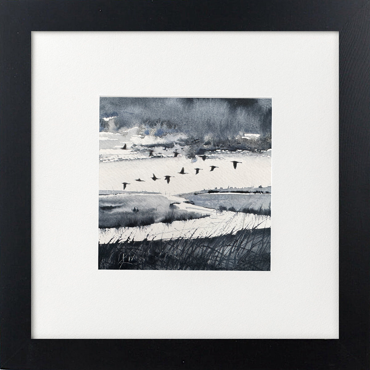 Monochrome ducks rainclouds, marshlands framed