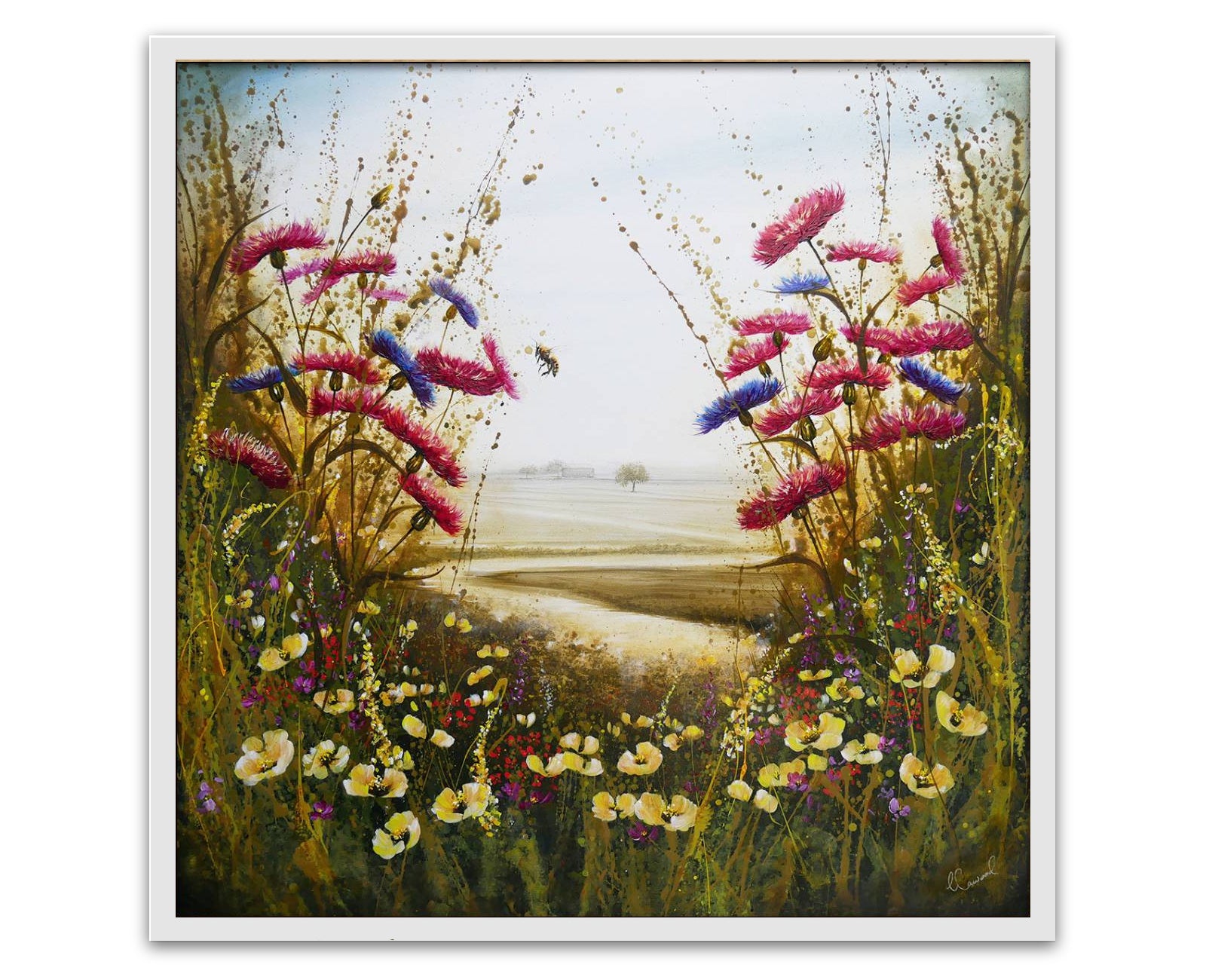 Glorious Cornflowers and Bee Landscape framed