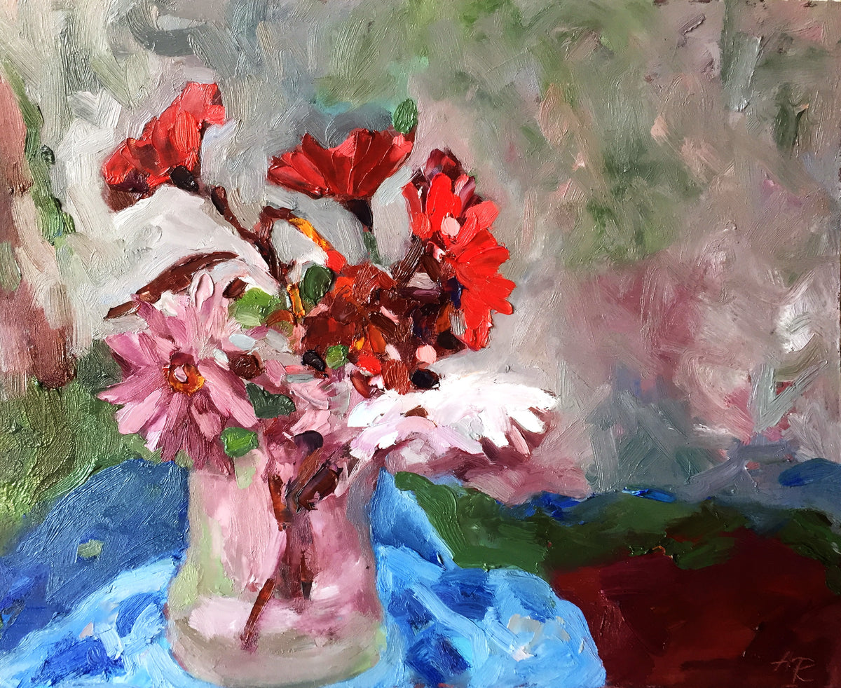 GARDEN FLOWERS STILL LIFE OIL PAINTING