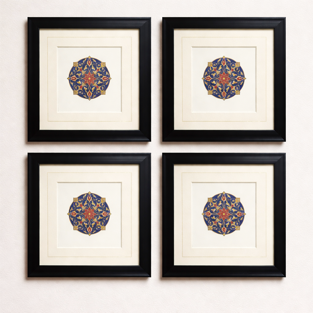 Geometric Harmony Set — 4 Framed Medallion original art in Blue, Gold & Red