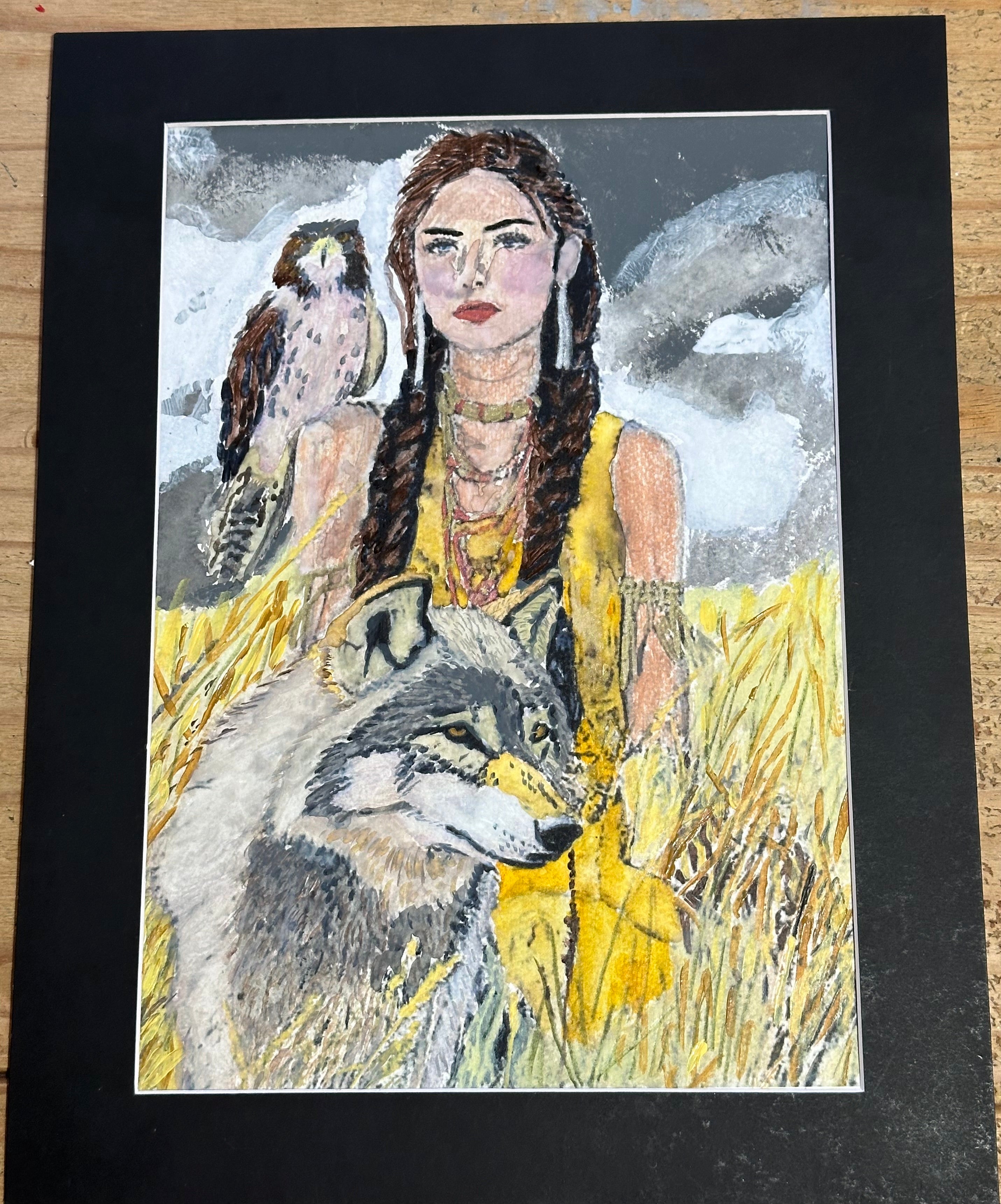 Falcon , girl and she wolf