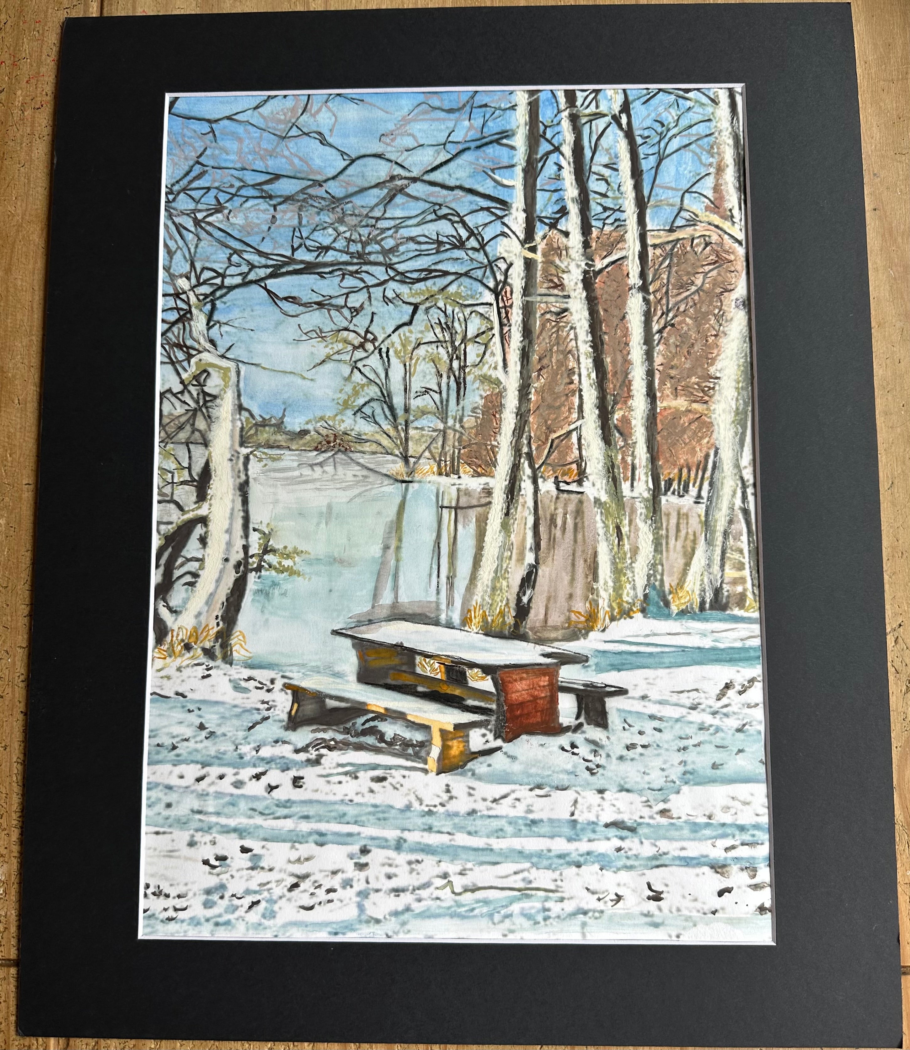 A3 Acrylic painting . Veiw from a bench table of a Frozen lake