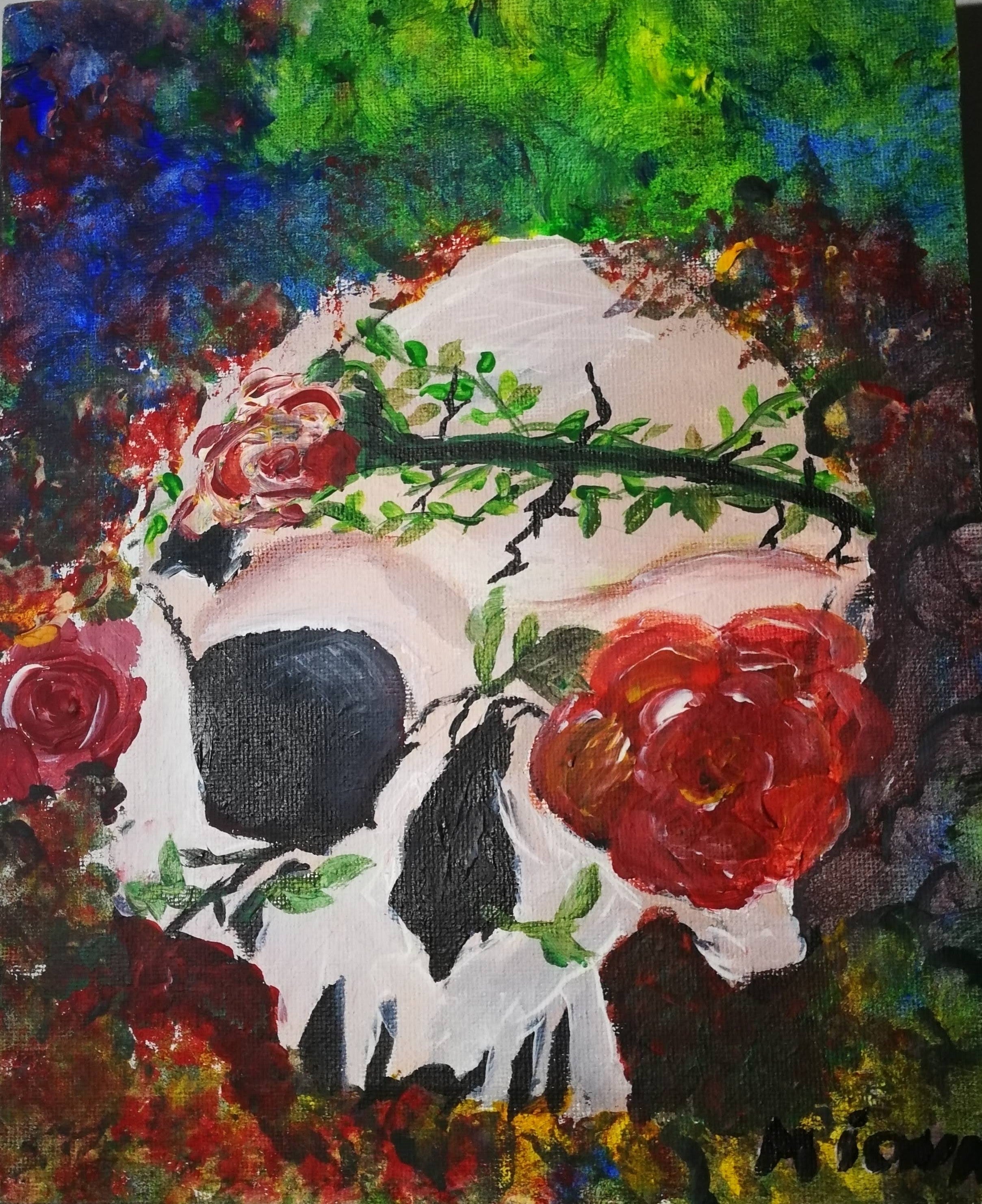 Floral Skull Acrylic Painting, La Bella Muerte Original Gothic Art, Colorful Day of the Dead Canvas, Small Macabre Wall Decor