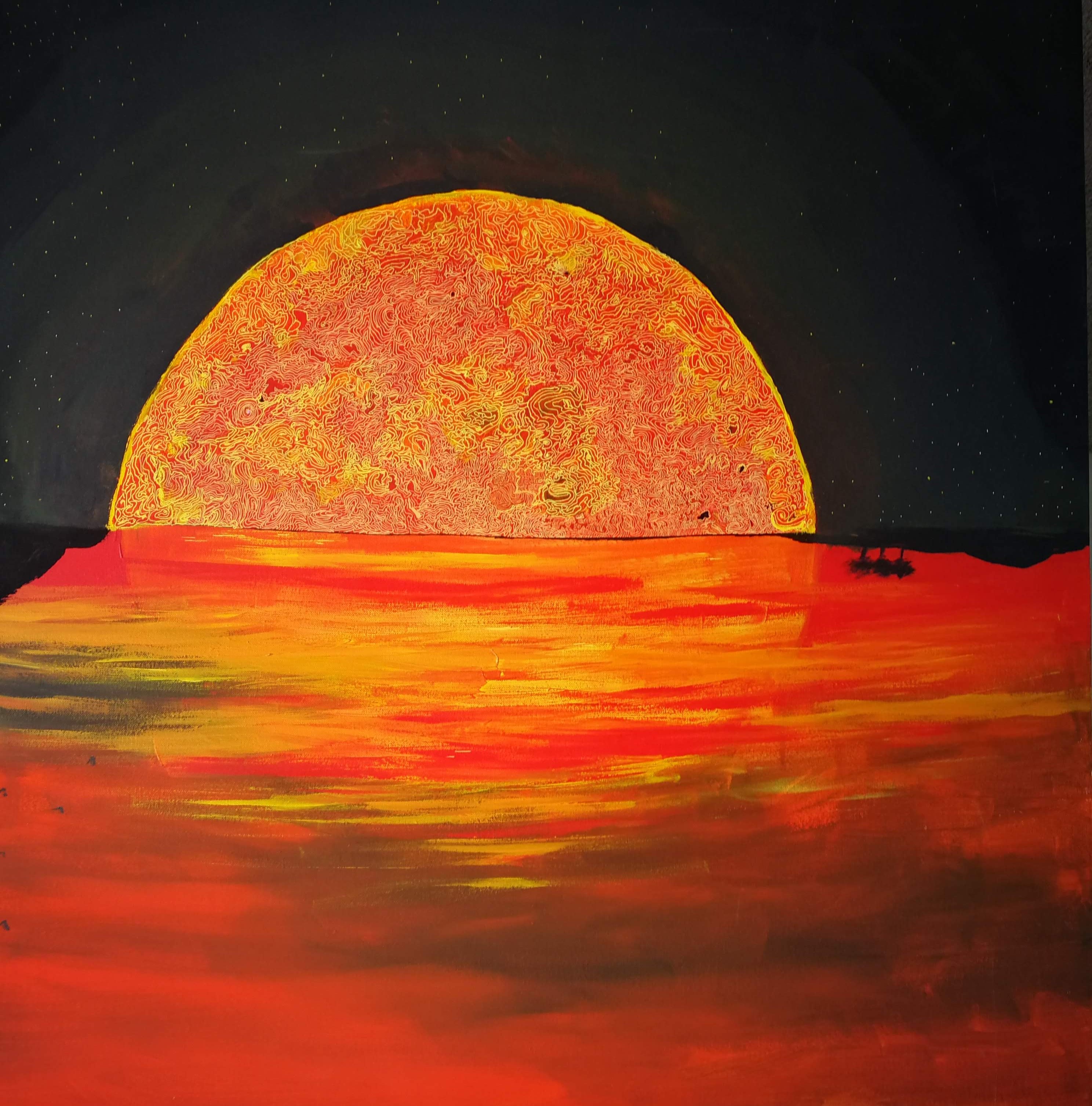 Helios Solar Flare Space Art, Original Red Sun and Planet Painting, Split Screen Sci-Fi Wall Decor, Astronomy Lover Gift, One of a Kind