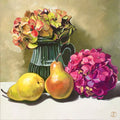 Pears Glass And Hydrangea Flowers