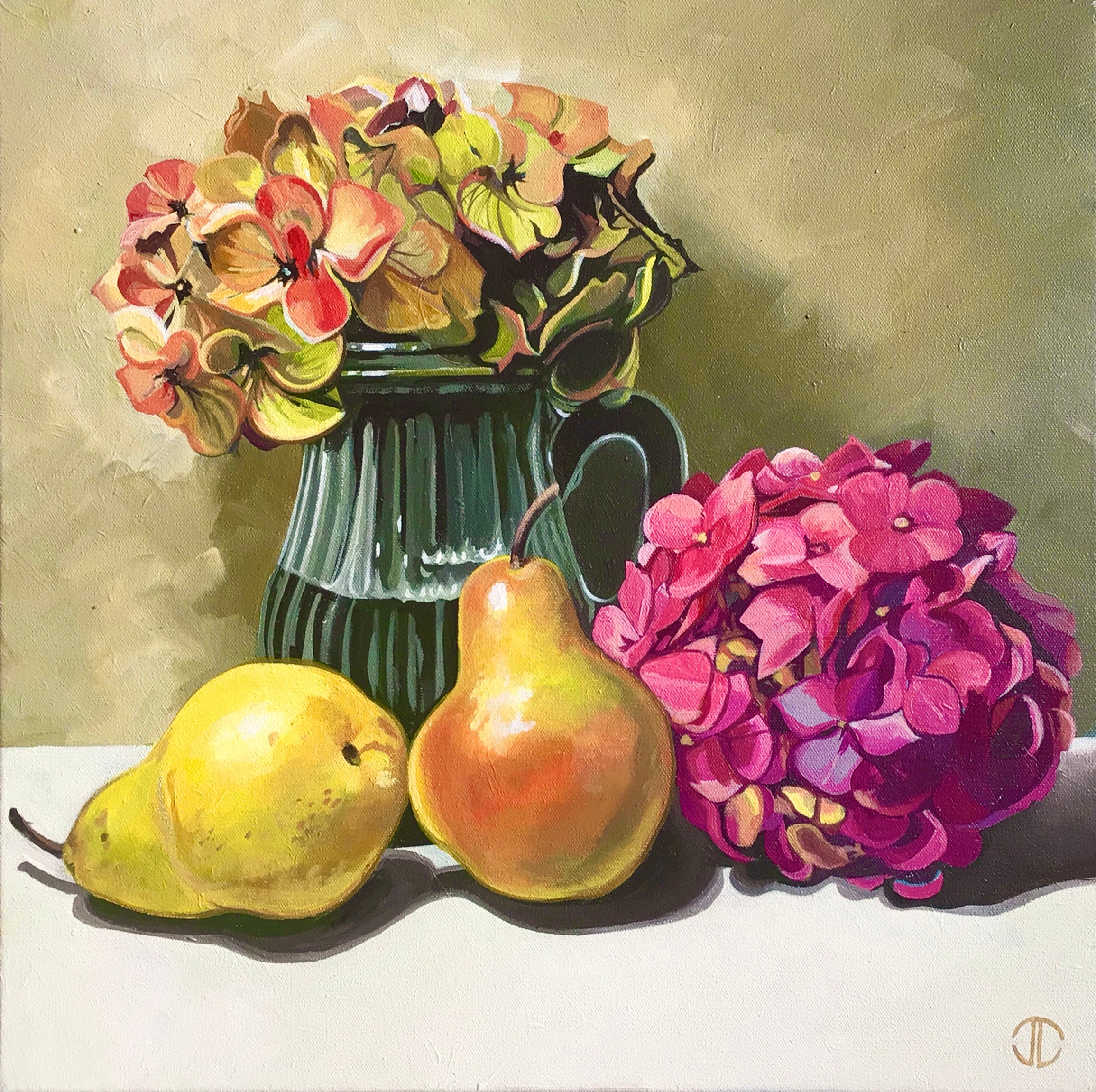 Pears Glass And Hydrangea Flowers