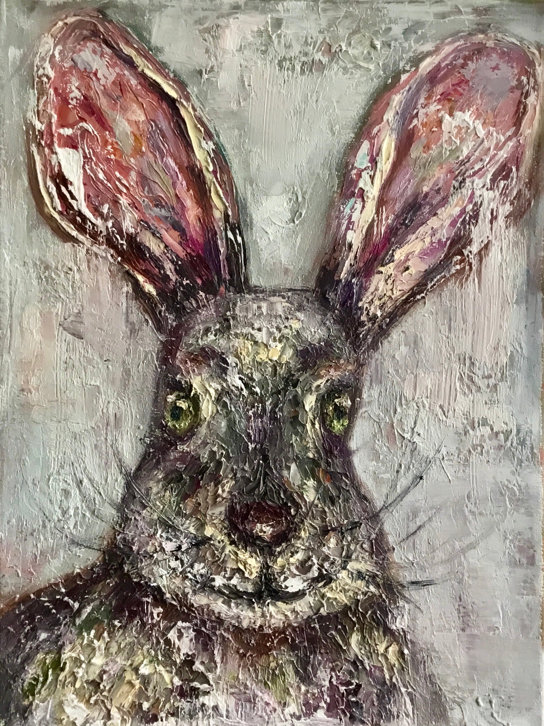 The Watchful Hare – Original Impasto Oil Painting on 3D Canvas, Textured Wildlife Art, Contemporary Rabbit Portrait