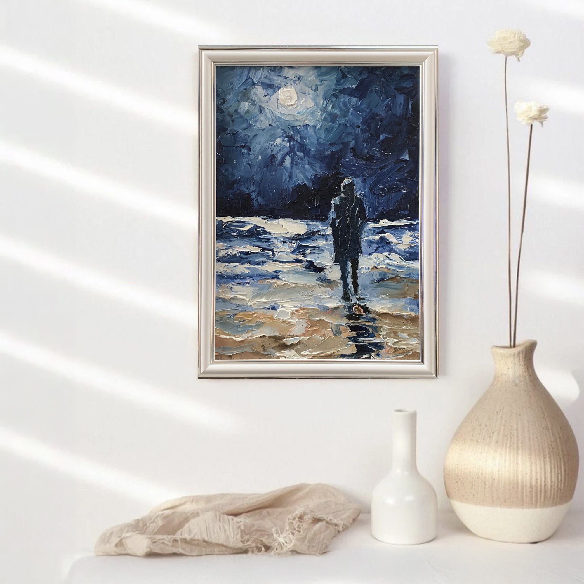 Moonlight stroll. Man figure.
