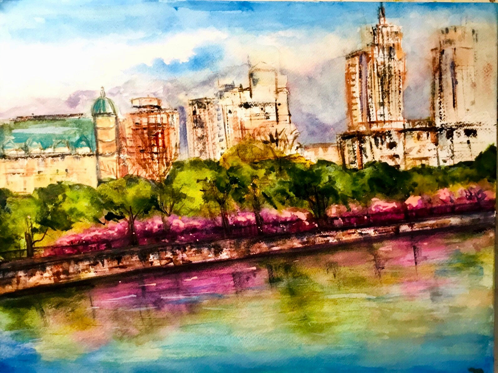 Original New York Watercolour Painting – Abstract Cityscape Art – Handmade NYC Skyline Wall Art (30×40 cm / 11.8×15.7 in)