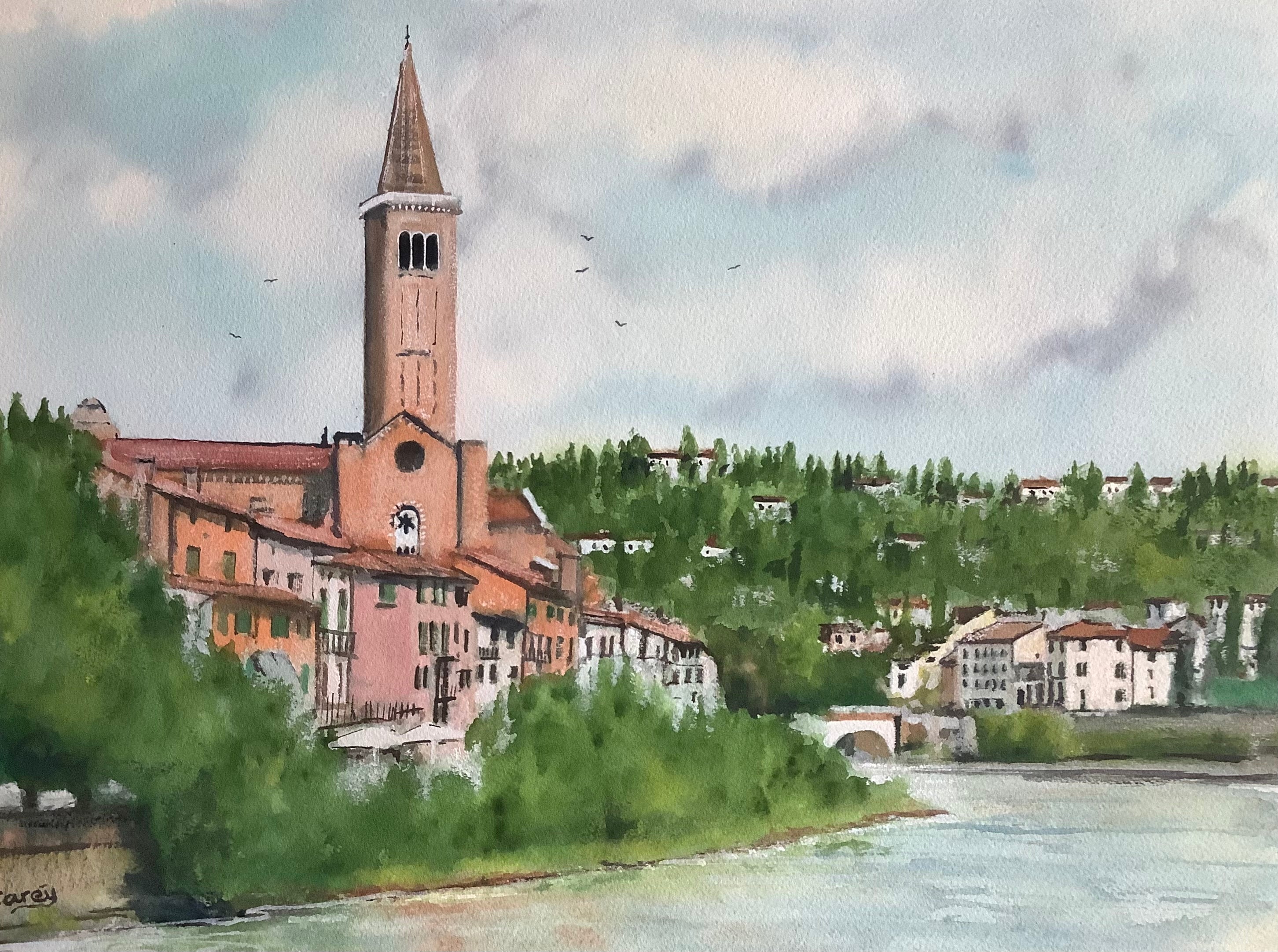 Watercolour of Verona, Original Painting, Santa Anastasia Church, Italy artwork