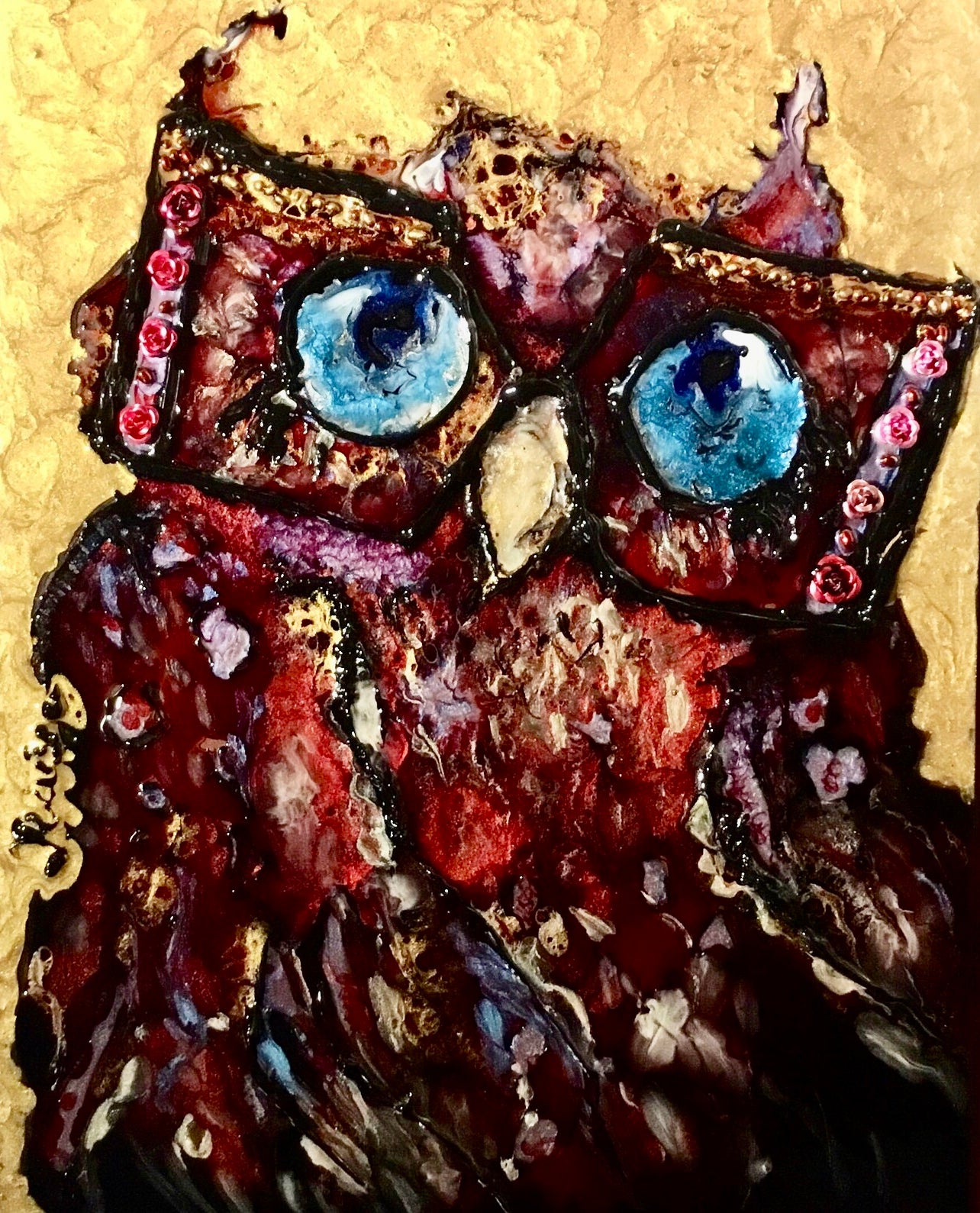 Red owl stained glass art