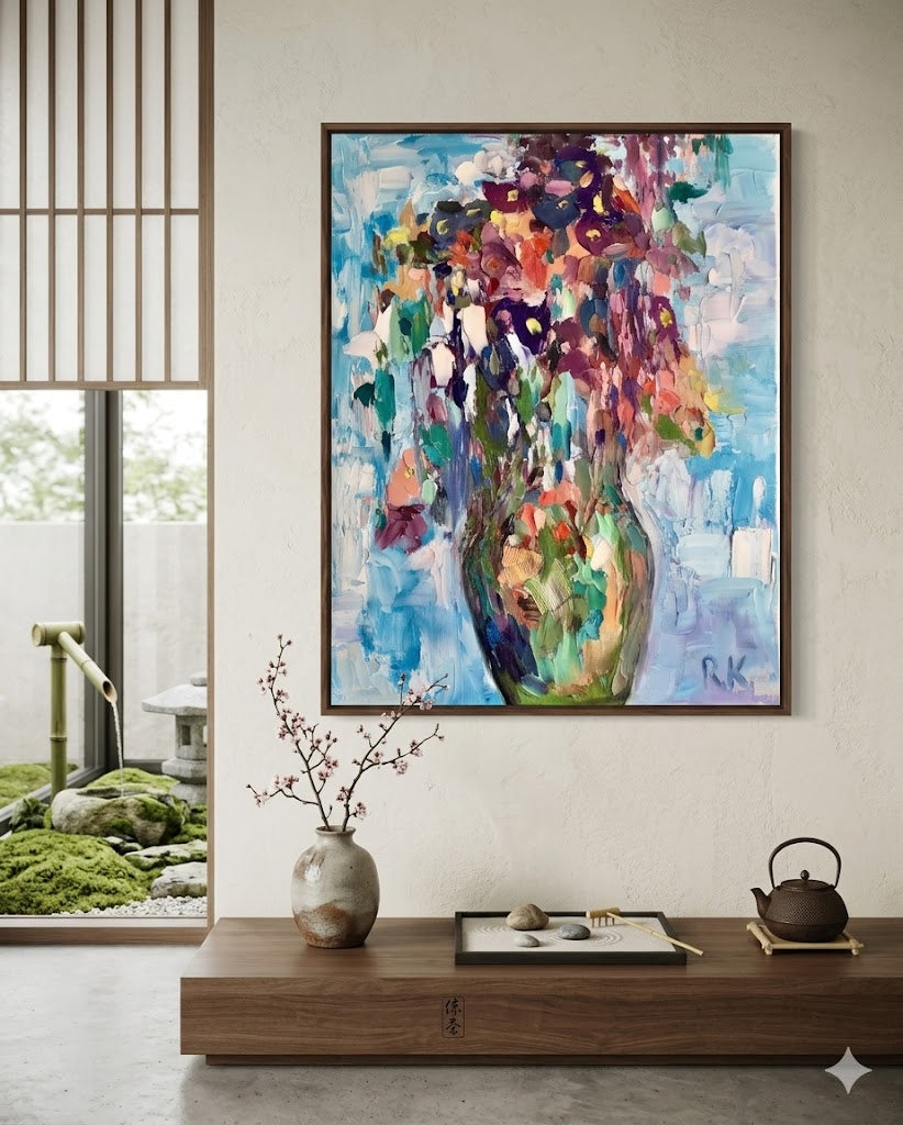 Abstract Floral Vase Painting – Original Textured Oil Painting on Canvas