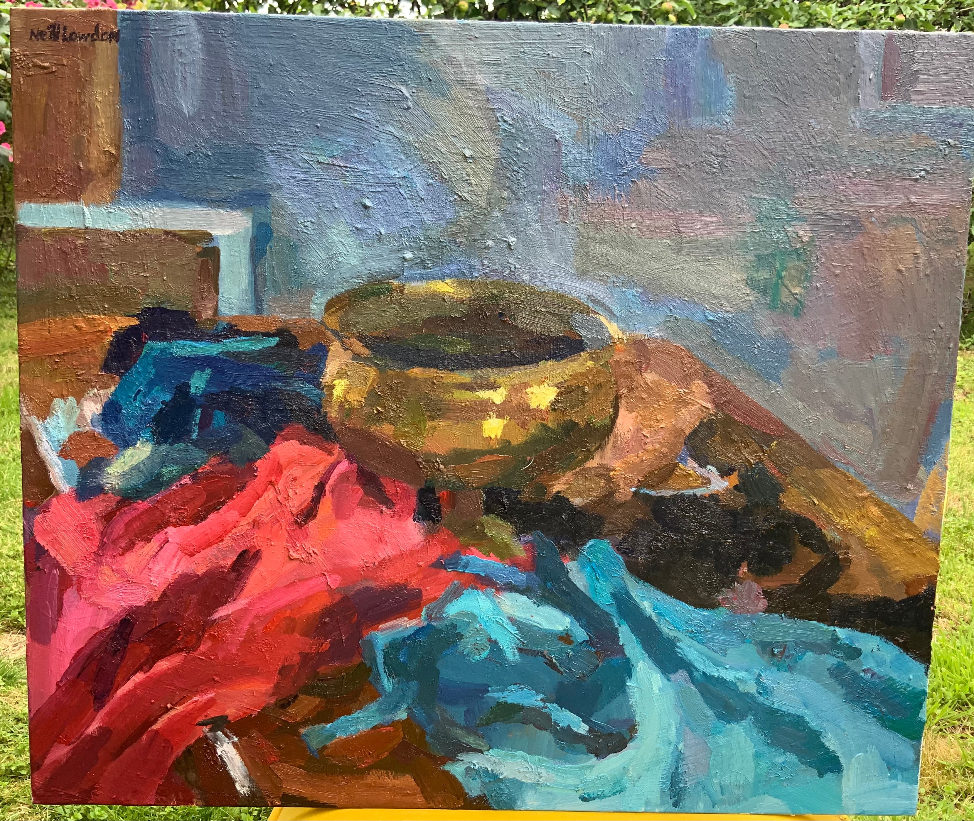 Bronze vase with rose madder and cerulean blue clothes