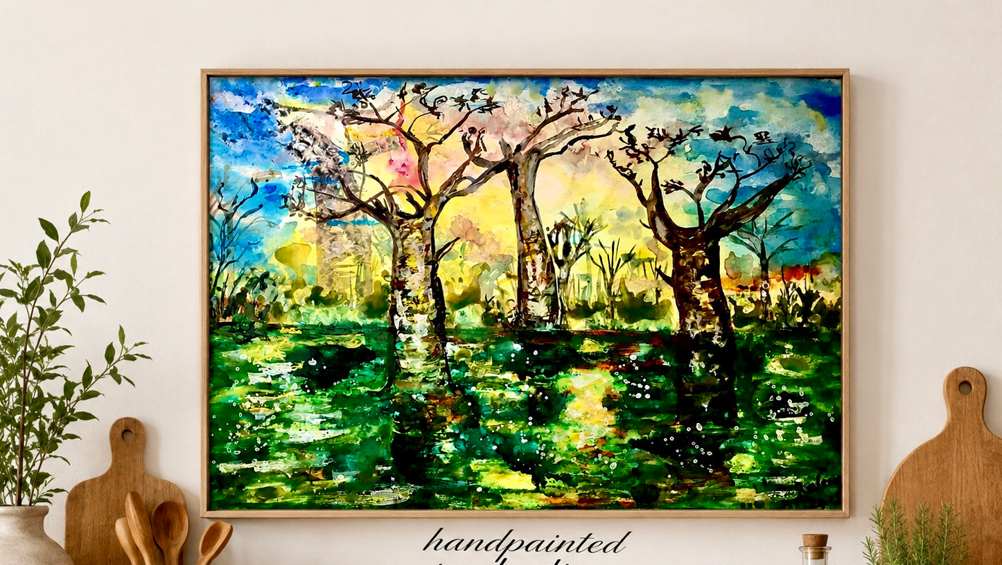 Baobab Dreams – Abstract African Landscape Watercolour on Yupo Paper