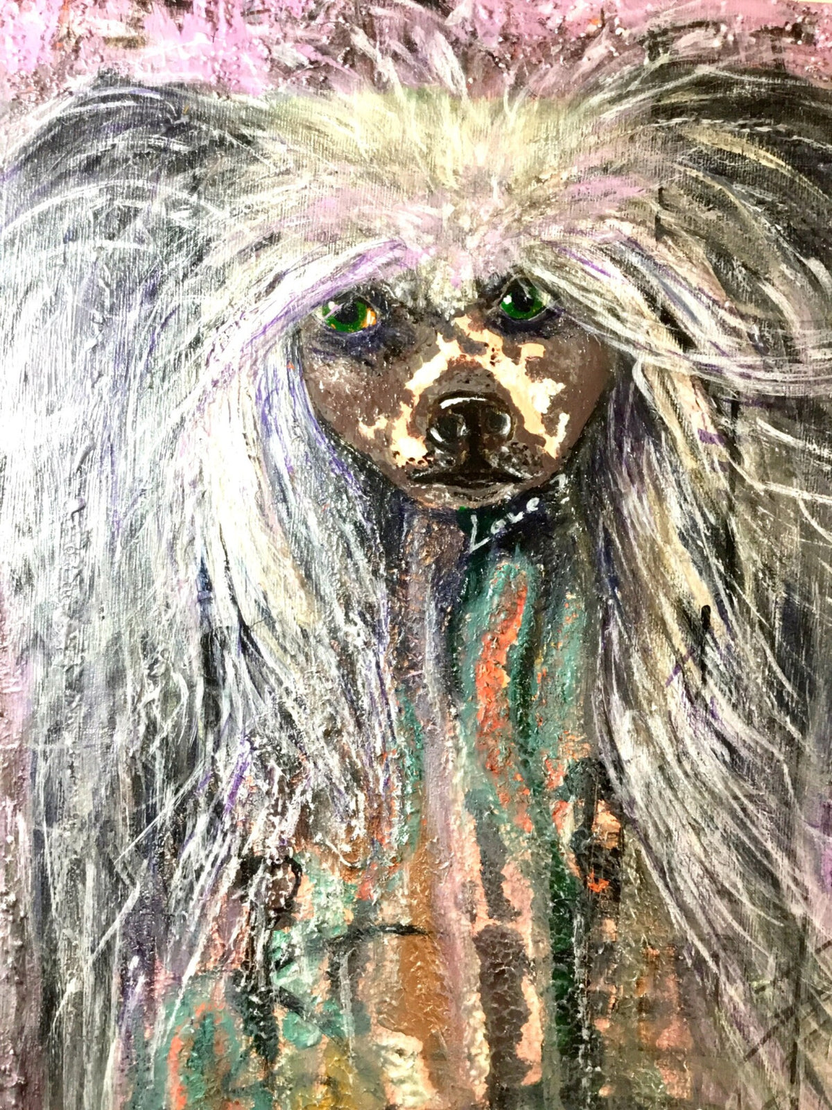 Chinese crested dog mix media art