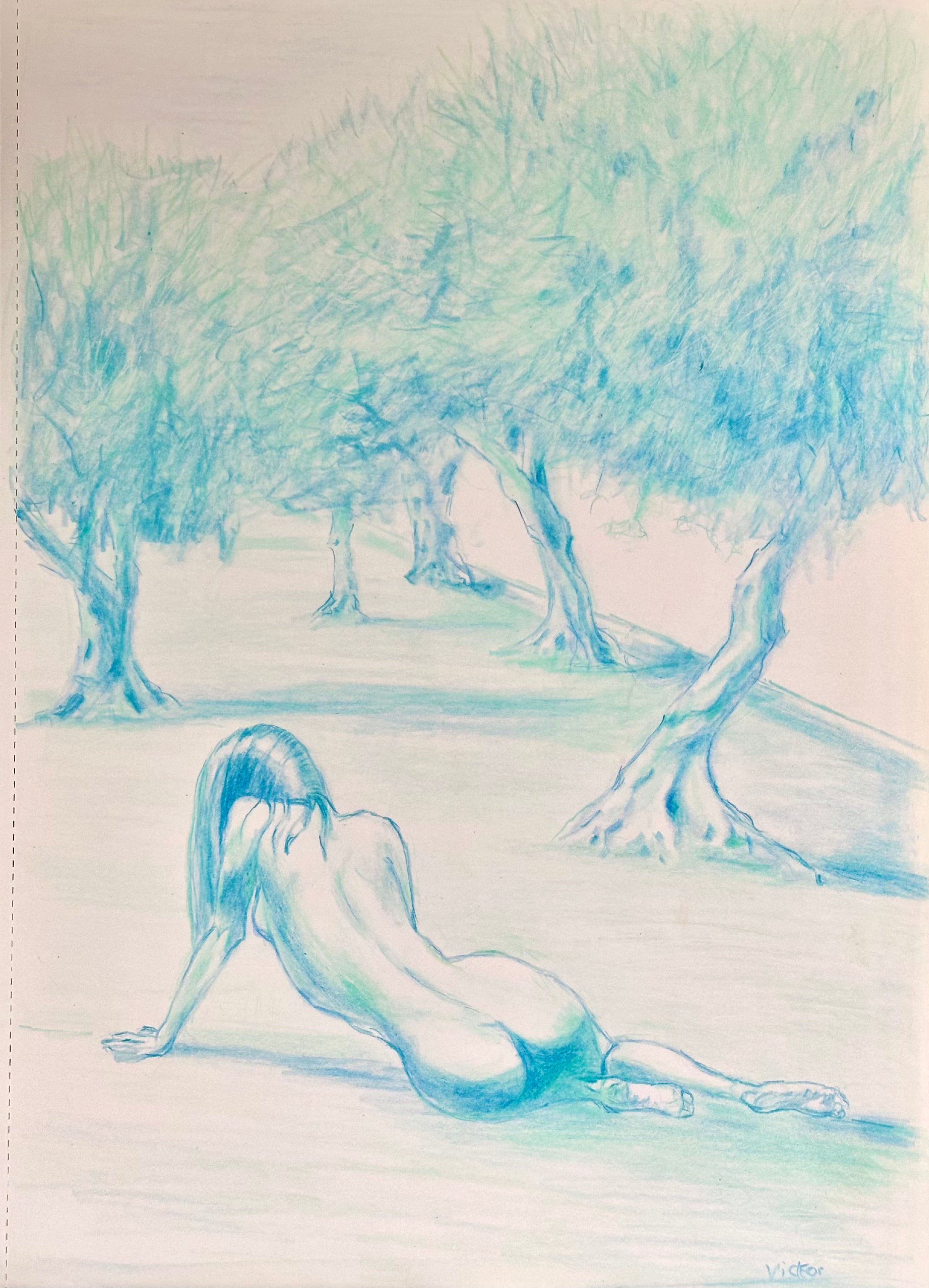 Nude resting on an olive tree beach