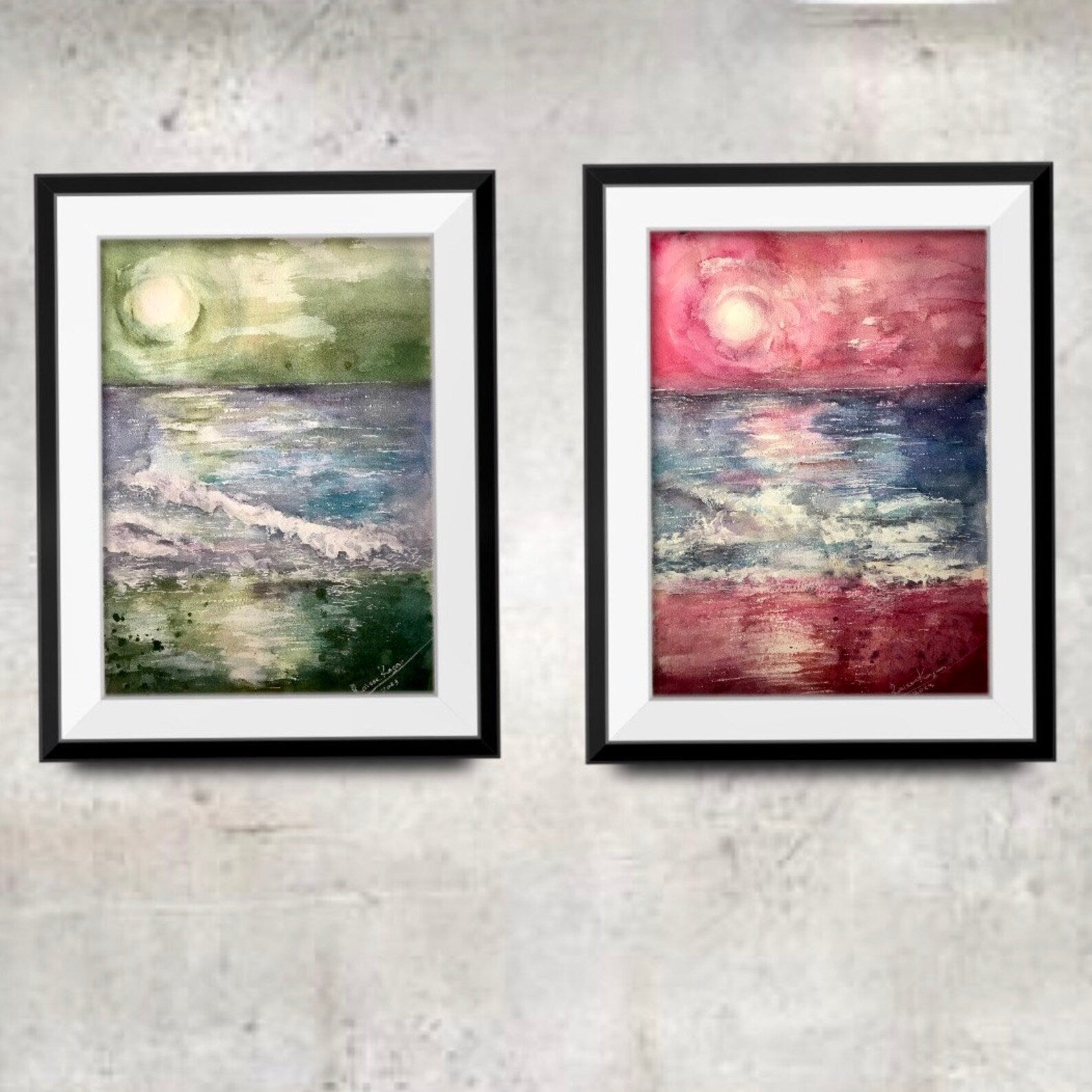Set of 2 Original Watercolor Paintings | Pink & Green Sunset Landscapes