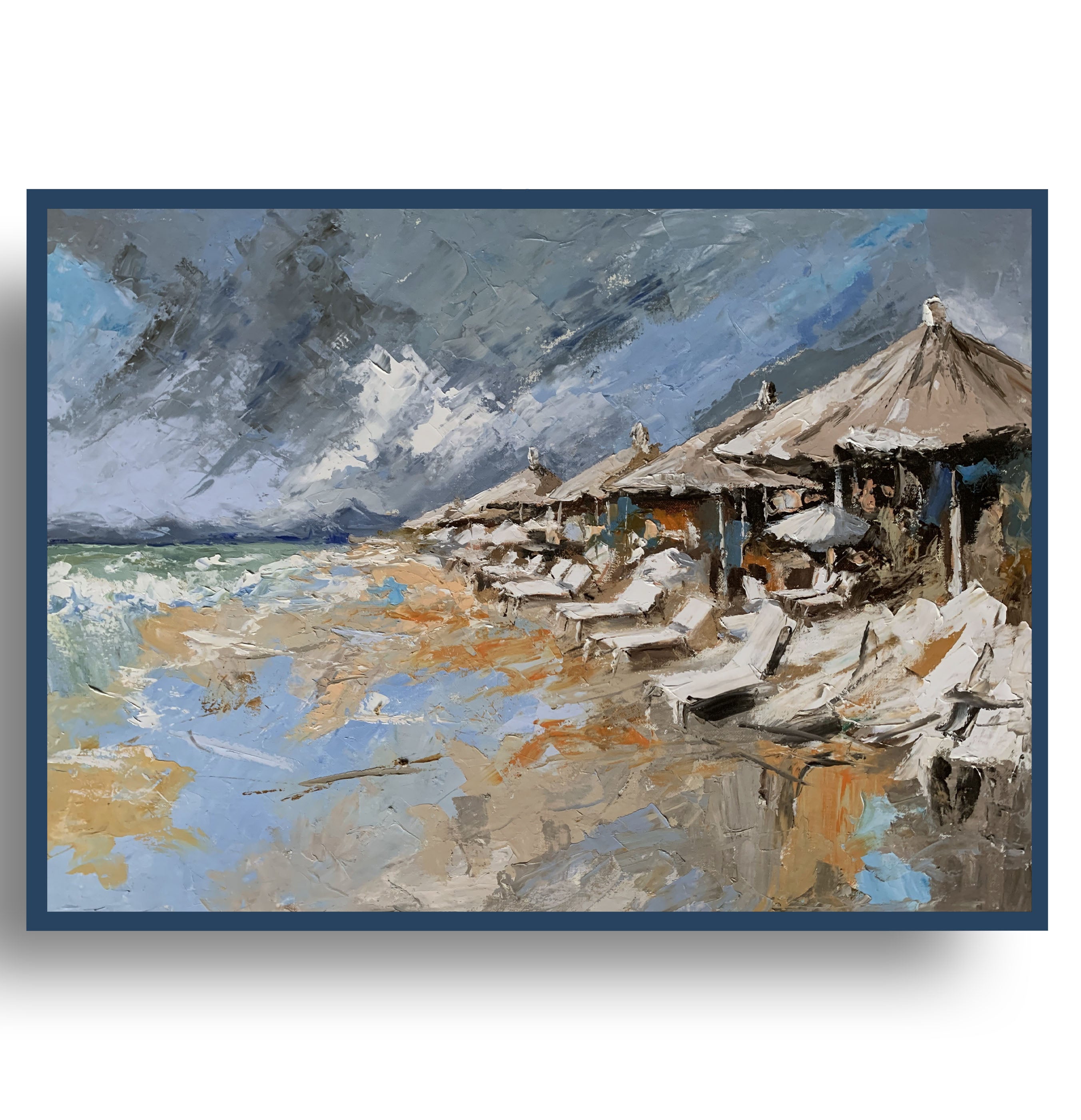 Grey Beach Day. Parasols.