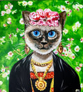 Siamese cat Frida Kahlo inspired by her self-portrait with pink roses