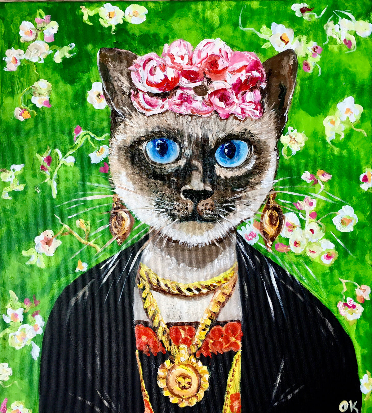 Siamese cat Frida Kahlo inspired by her self-portrait with pink roses