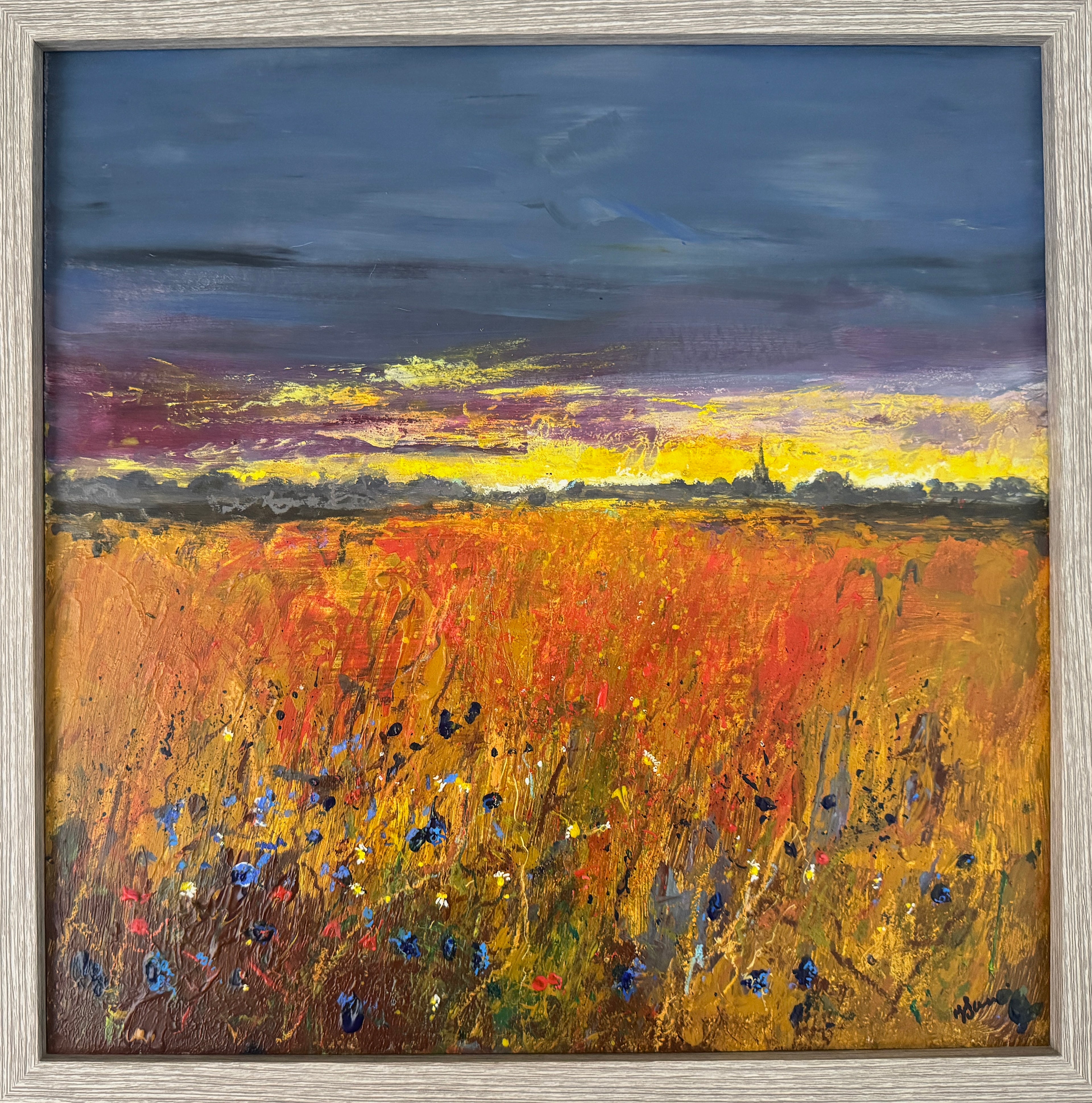 Distant Church evening skies cornfield (framed)