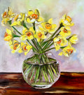 Bouquet of Daffodils #5 on wooden table, still life inspired by spring in a glass