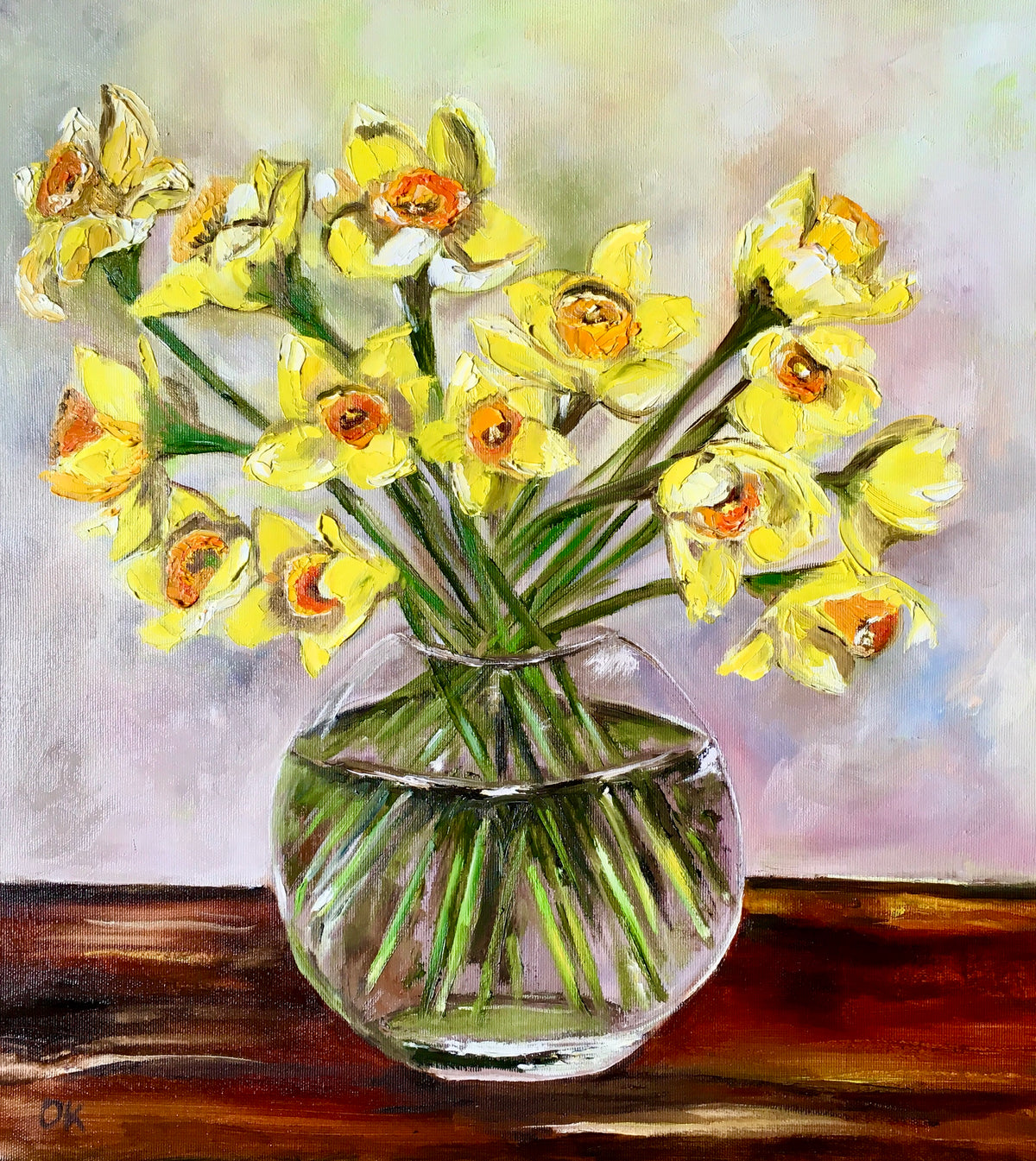 Bouquet of Daffodils #5 on wooden table, still life inspired by spring in a glass
