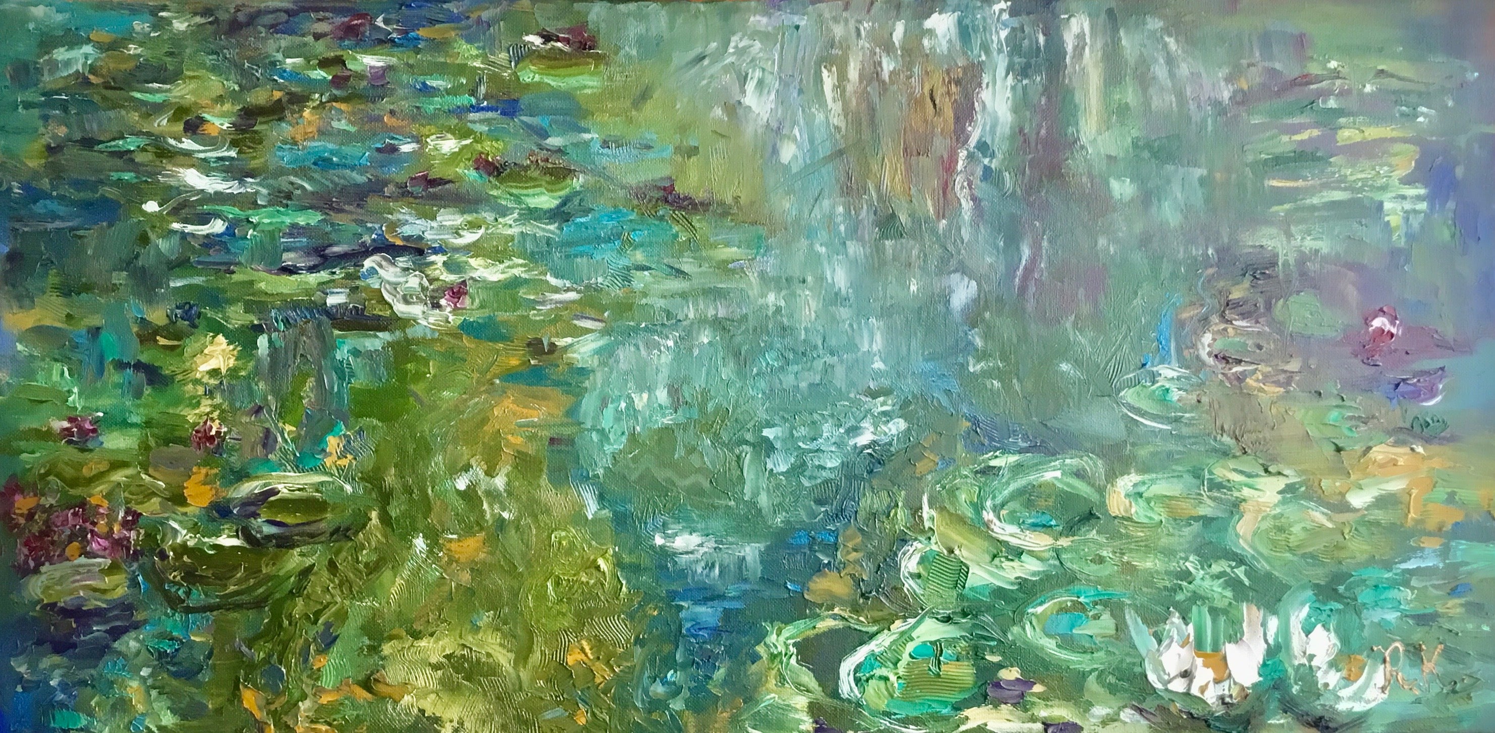Pond of Serenity Original Monet-Inspired Lilies Pond Impasto Painting, 40x80 cm, Stretched Canvas