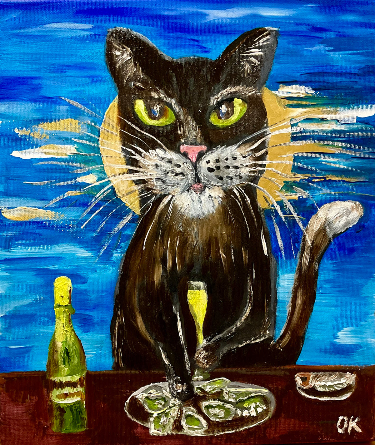 Cat and champagne. Supper In restaurant.