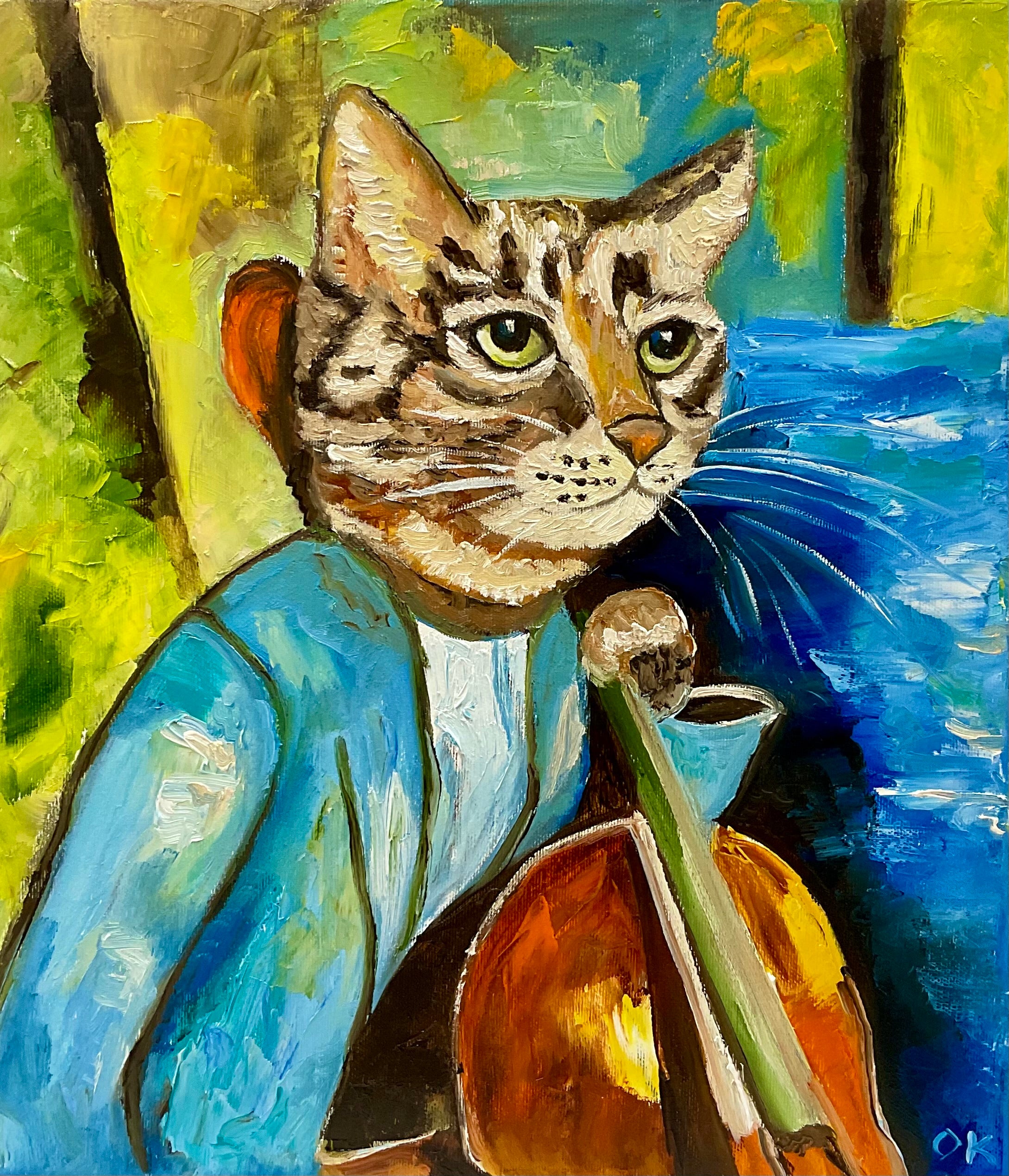 Cat cellist, sounds and vision, inspired by Amedeo Modigliani