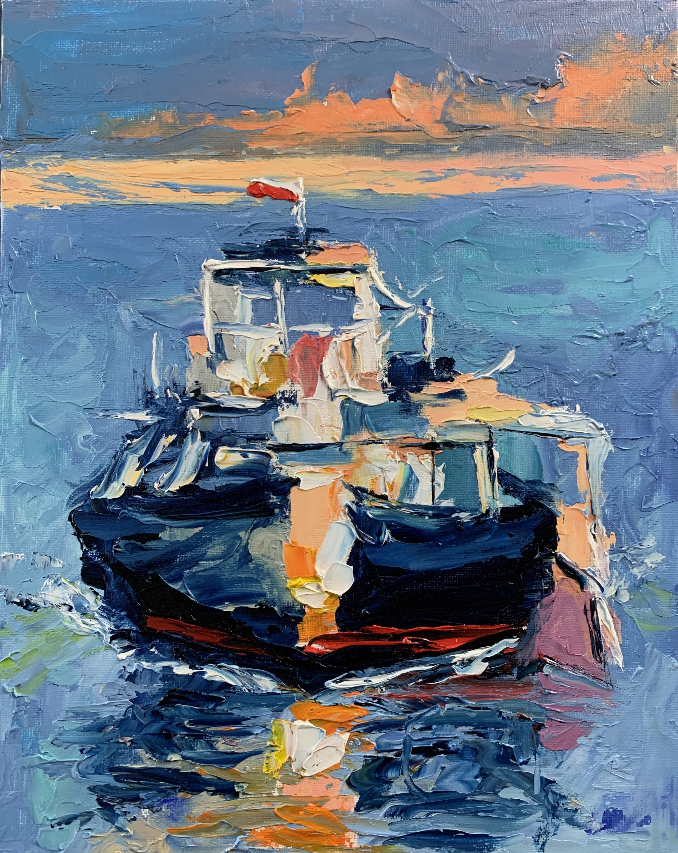 Boat at Sunset. Evening Seascape.