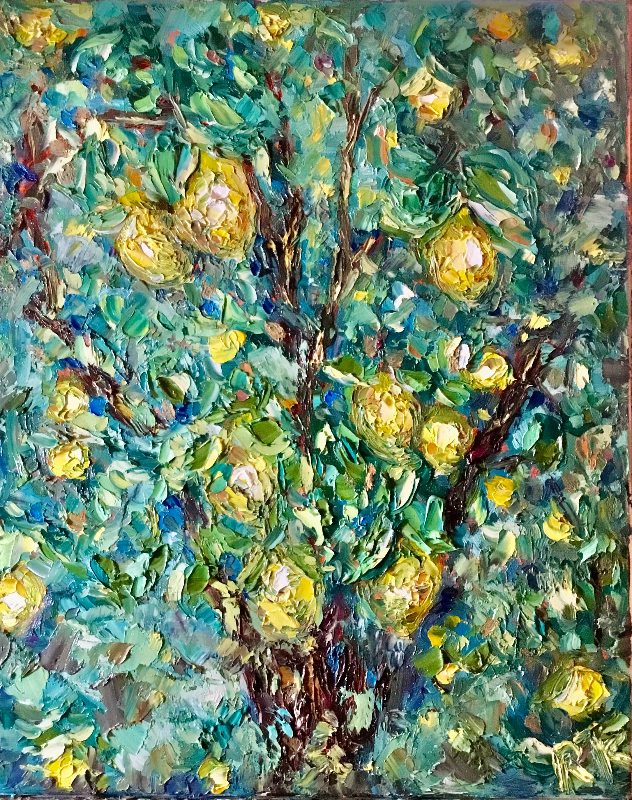 Citrus Garden – Lemon Tree Textured Oil Painting, Original Impasto Art on Stretched Canvas, 40x50 cm Handmade Artwork