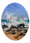 Seascape with rocks and mountains.