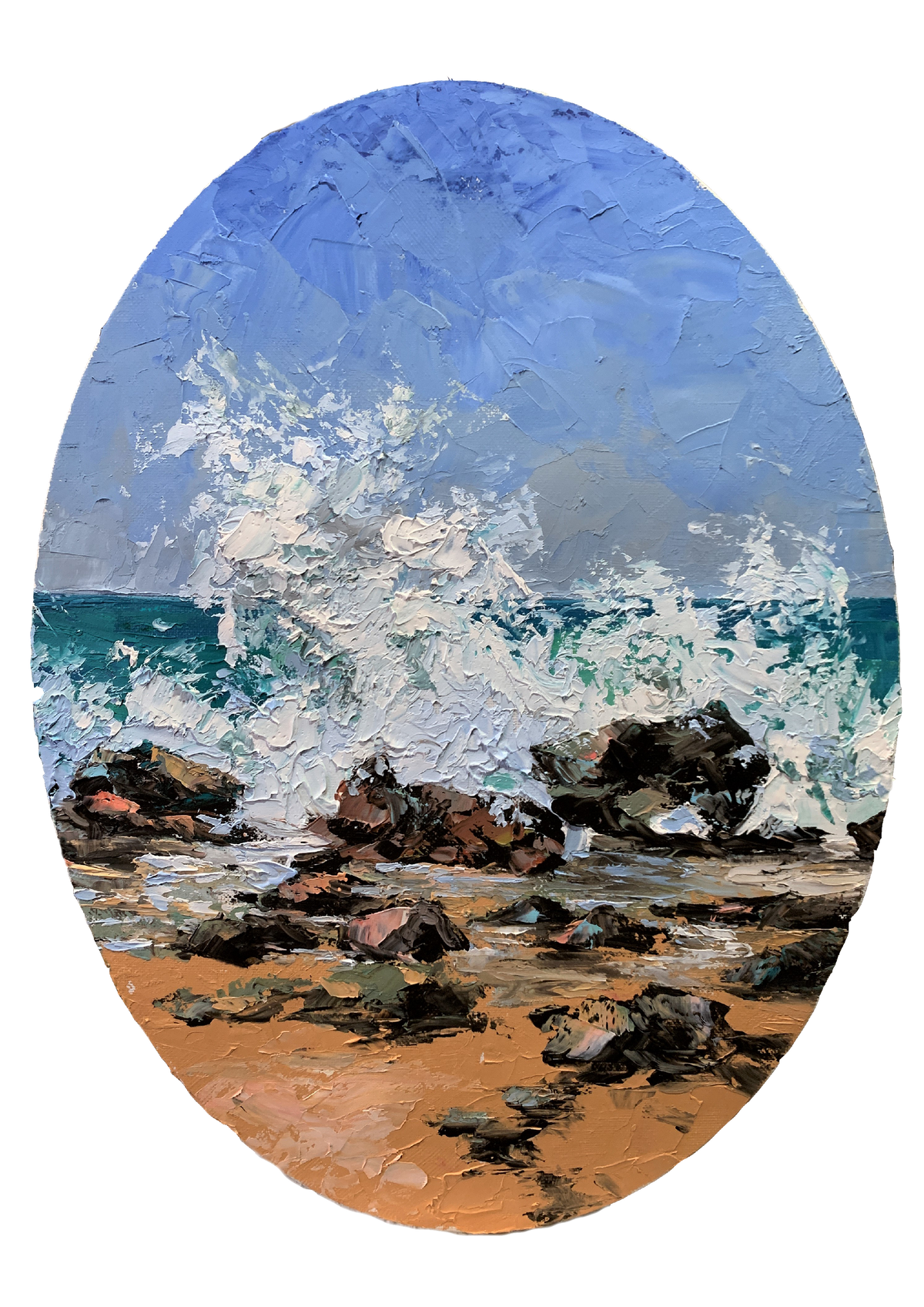 Seascape with rocks and mountains.