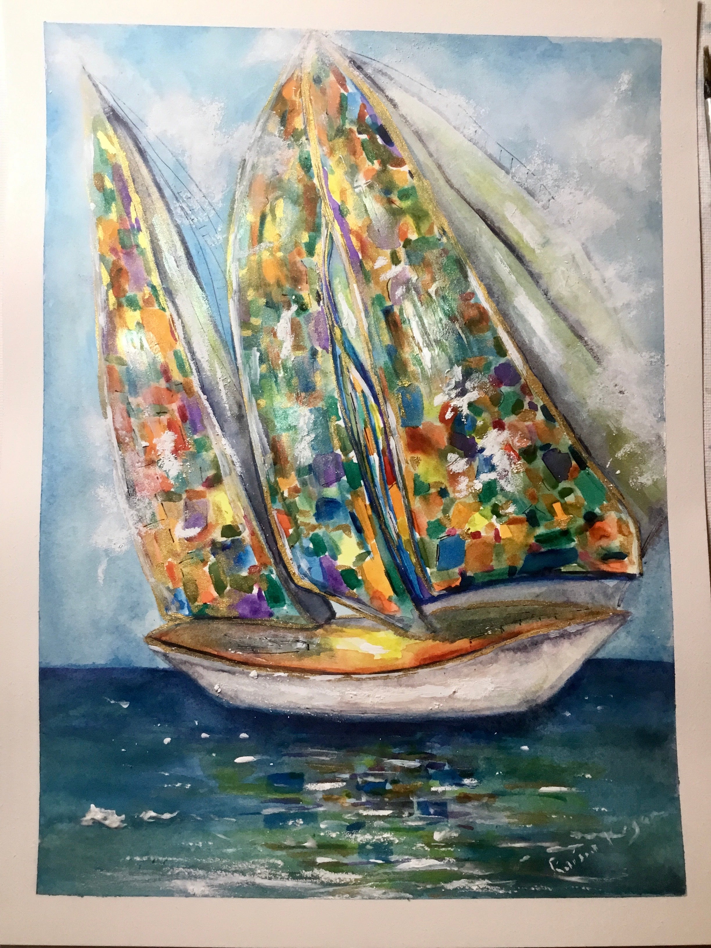 Sun boat original watercolour painting