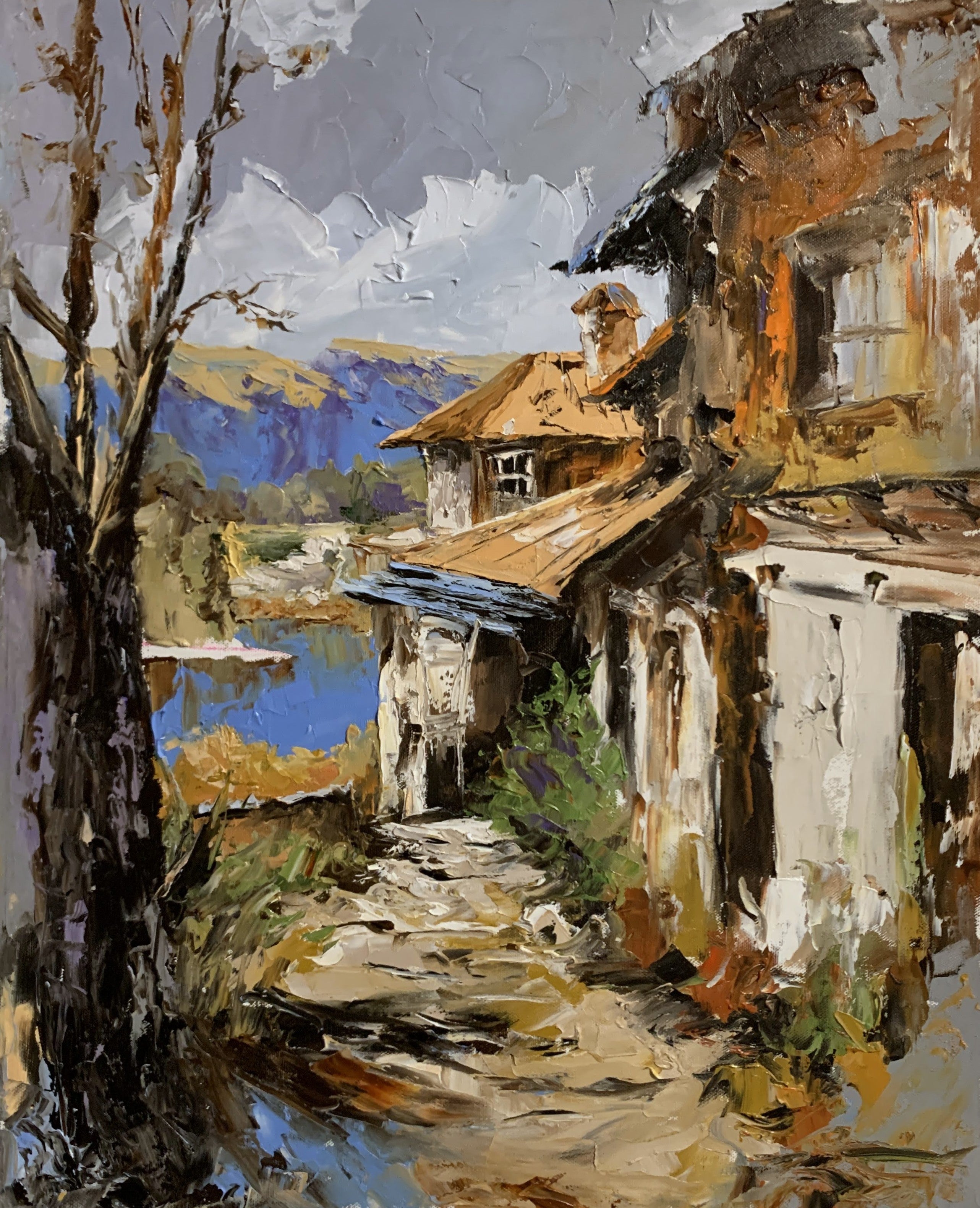 Rustic Village Landscape by the Water.