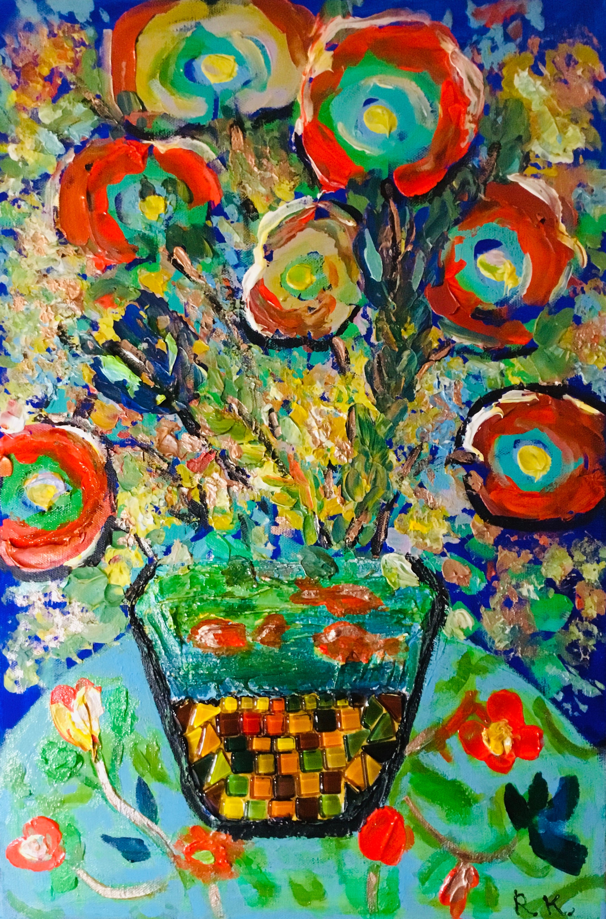 Mosaic Bloom – Colorful Abstract Floral Painting with Textured Mosaic Vase