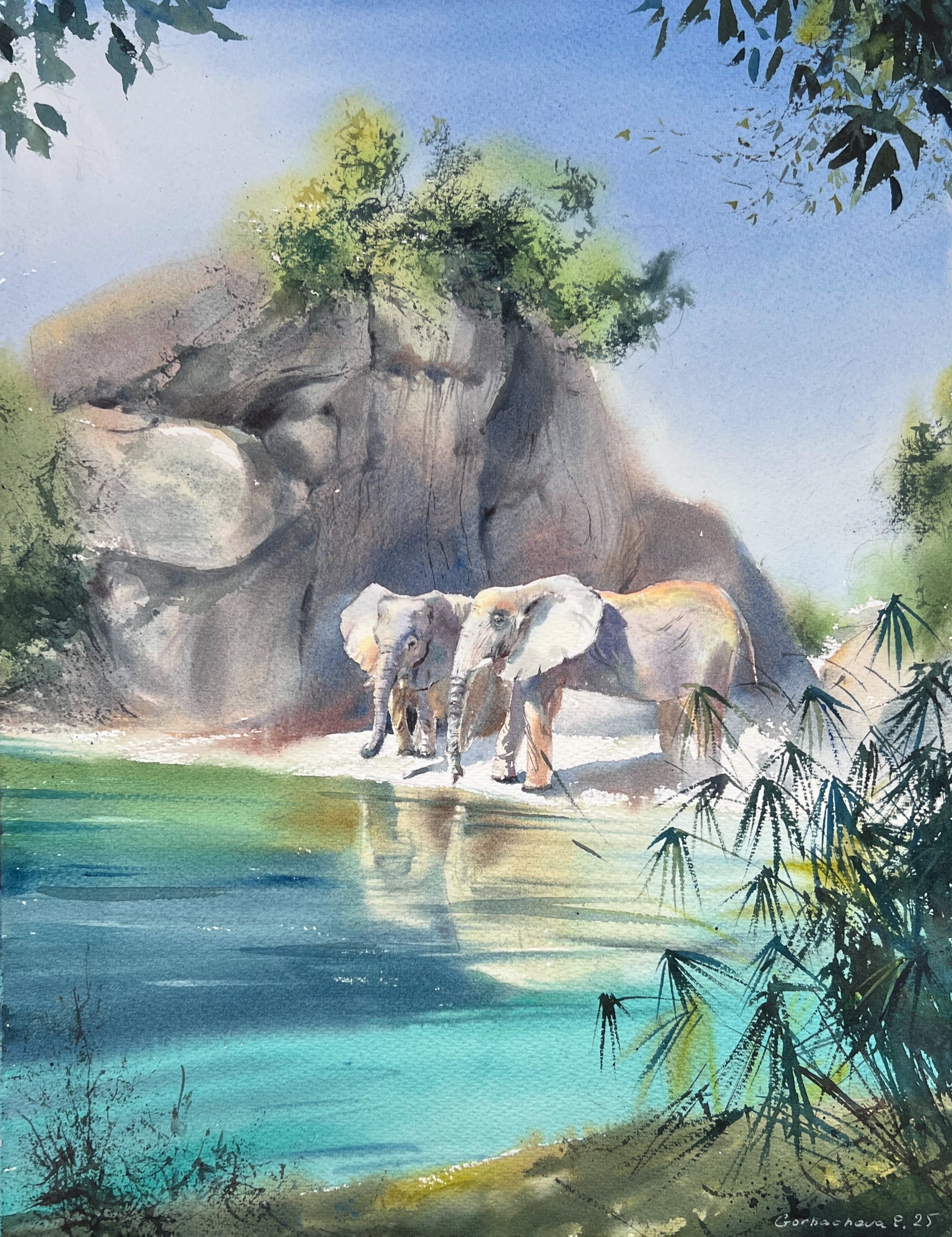 Elephants by the Lake
